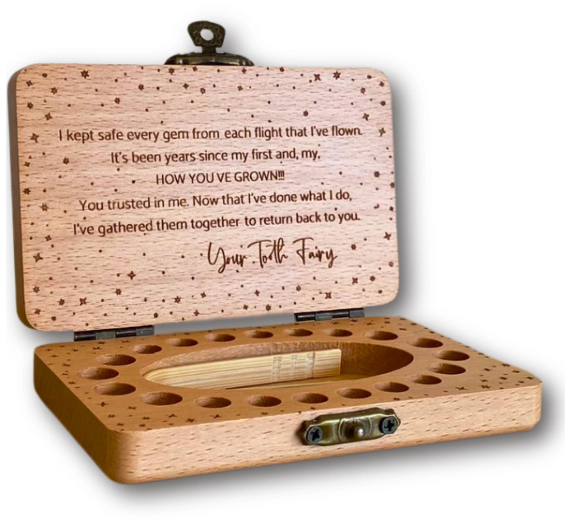 Tooth Fairy Keepsake Box for Girls & Boys - Wooden Storage for 20 Baby Teeth, Lost Teeth Saver, Birthday or Shower Gift