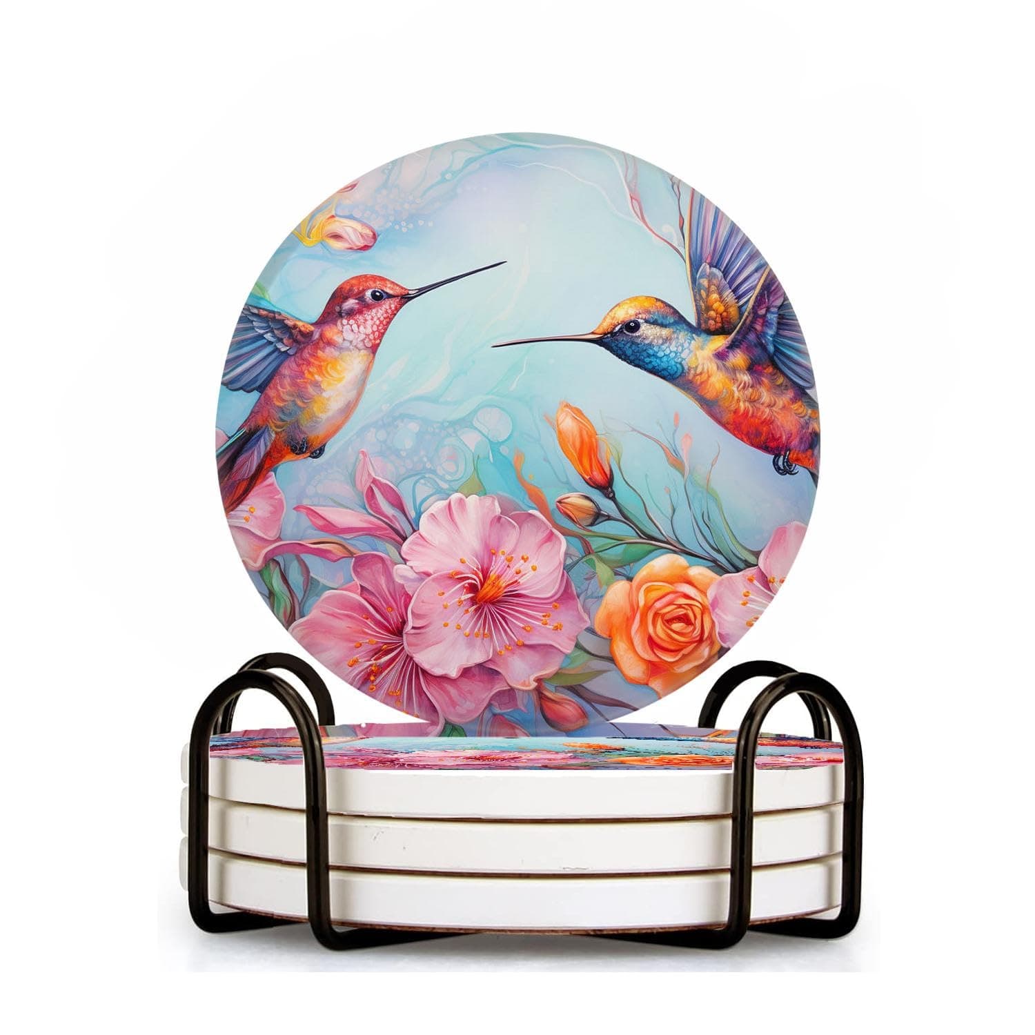 Watercolor Floral Hummingbird Pattern Tropical Flower Bird Elegant Set of 4 Ceramic Coasters with Holder,Absorbent Drink Bar Coasters,Table Coasters