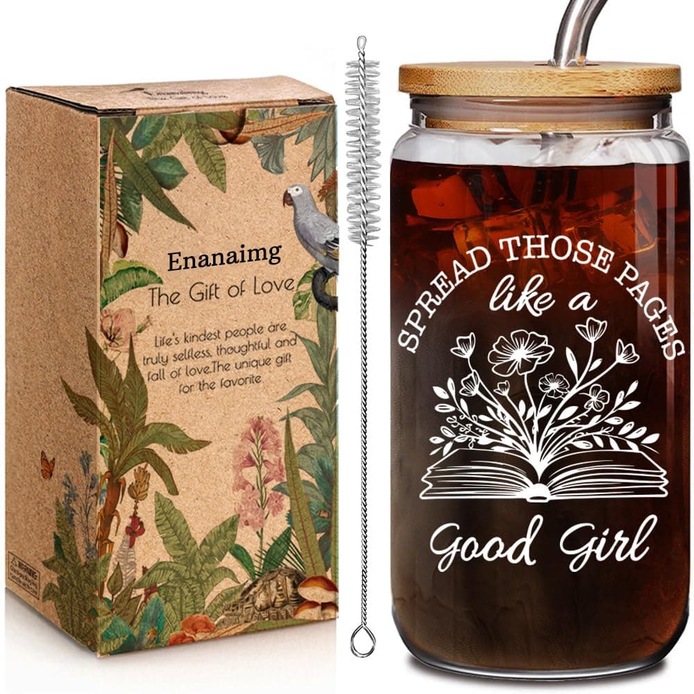 Enanaimg Funny Spicy Book Lovers 16oz Glass Cup Gift for Women - Spread Those Pages Like a Good Girl, Booktok Merch Gift for Readers Dark Romance BookTok Lover Cup for Her With Lids and Straw