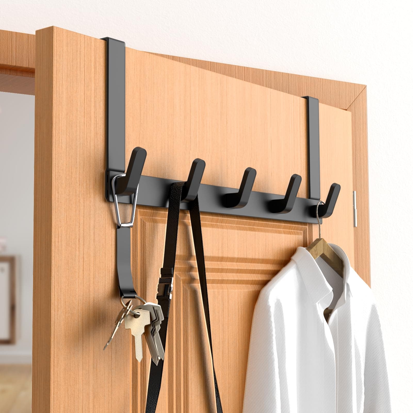 CHAUNCEY HOME Over The Door Hooks Hanger with Extended Arms, Fits 1 3/8" Doors - Bathroom Accessories and Towel Rack Organizer, L7C, 1 Pack, Matte Black