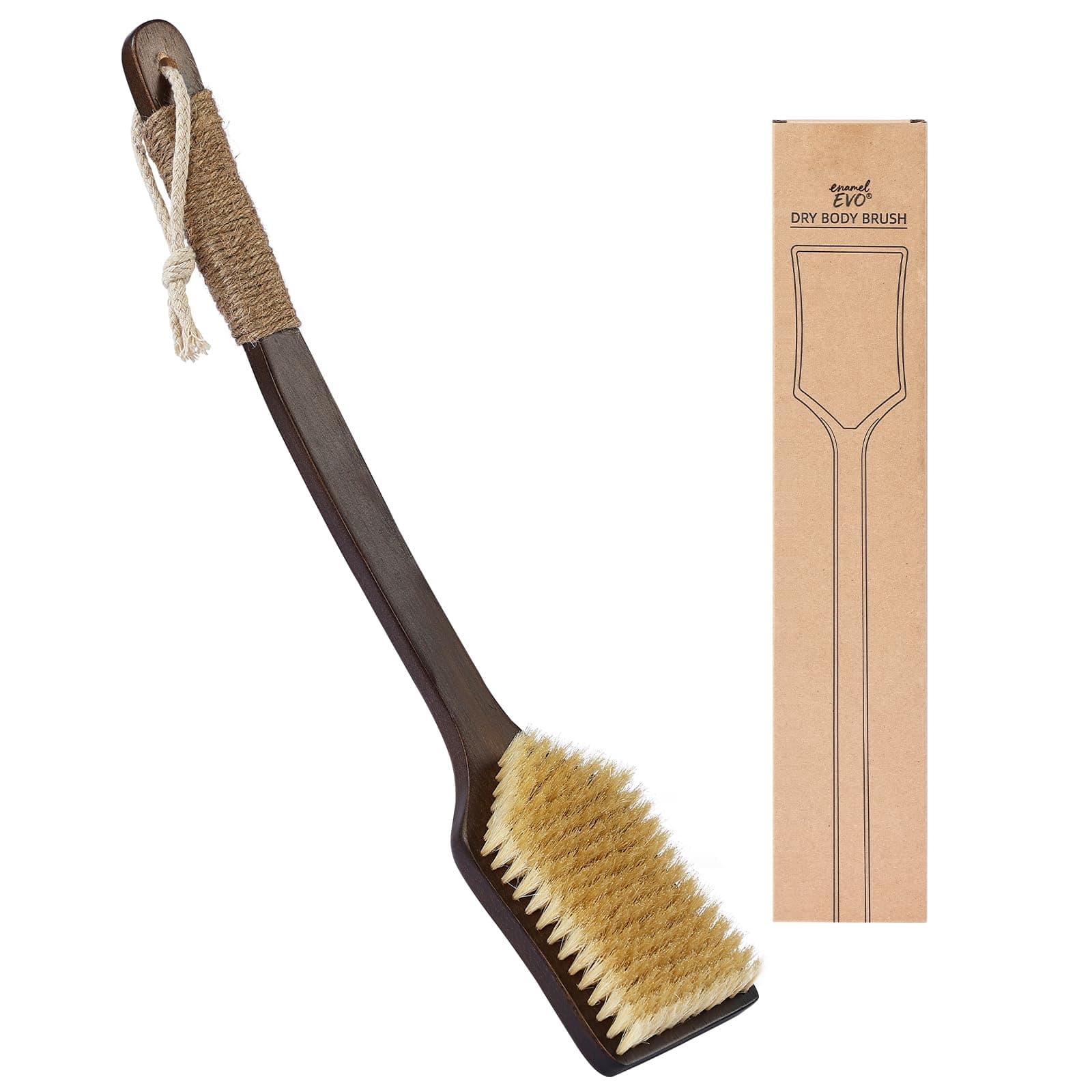 ENAMELEVO Back Scrubber Shower Brush,Dry Brushing Body Brush with 17.7 Inch Curved Long Handle, Natural Bristles for Lymphatic Drainage, Soft & Stiff Bristles Available (Soft-Fine Boar Bristles)