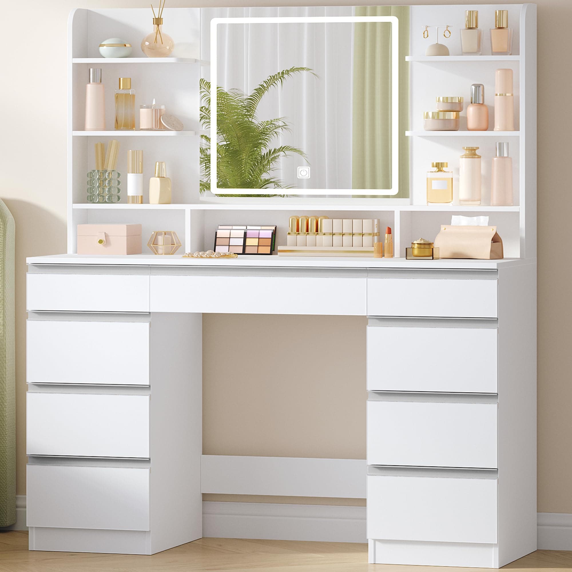 Hzuaneri 9 Drawers Vanity Desk with Mirror and LED Light