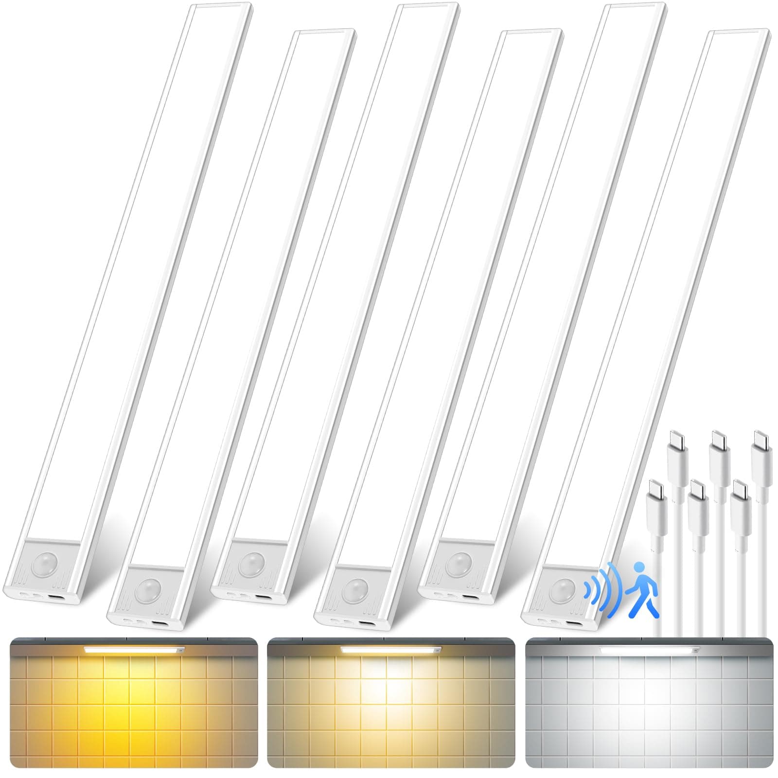 QENLAI 16 inch Under Cabinet Lighting, 80 LED Motion Sensor Closet Light, 1500mAh Rechargeable Battery Dimmable 3 Color Temperature Magnetic Wireless for Kitchen, Shelf, Stairs, Wardrobe, 6 Pack