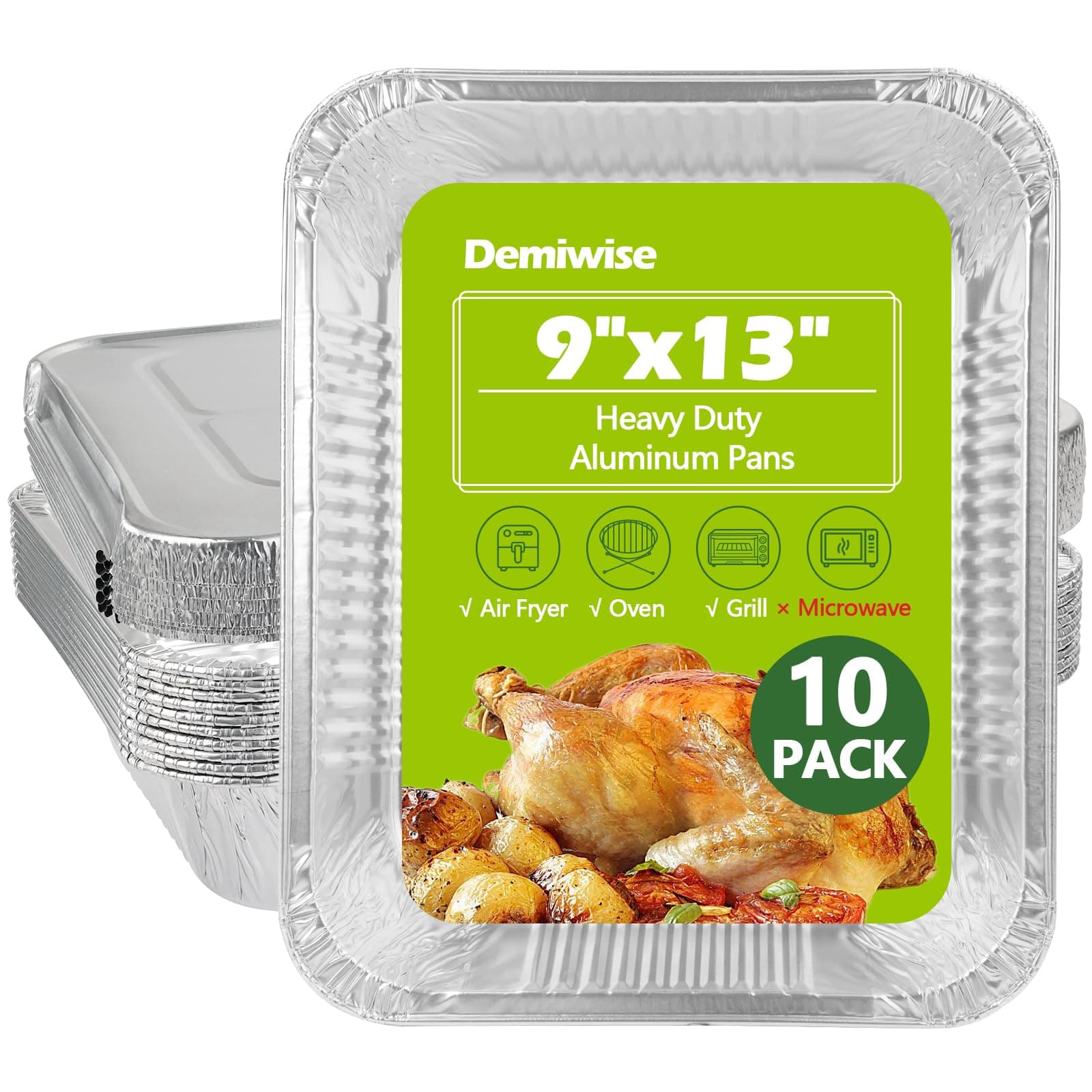 Demiwise Thickened 10 Pack Aluminum Pans with Lids, 9x11 Aluminum Foil Pans Disposable, Heavy Duty Half Size Steam Table Foil Baking Tray for Cooking, Baking, Roasting & Chafing, Carton Packaging