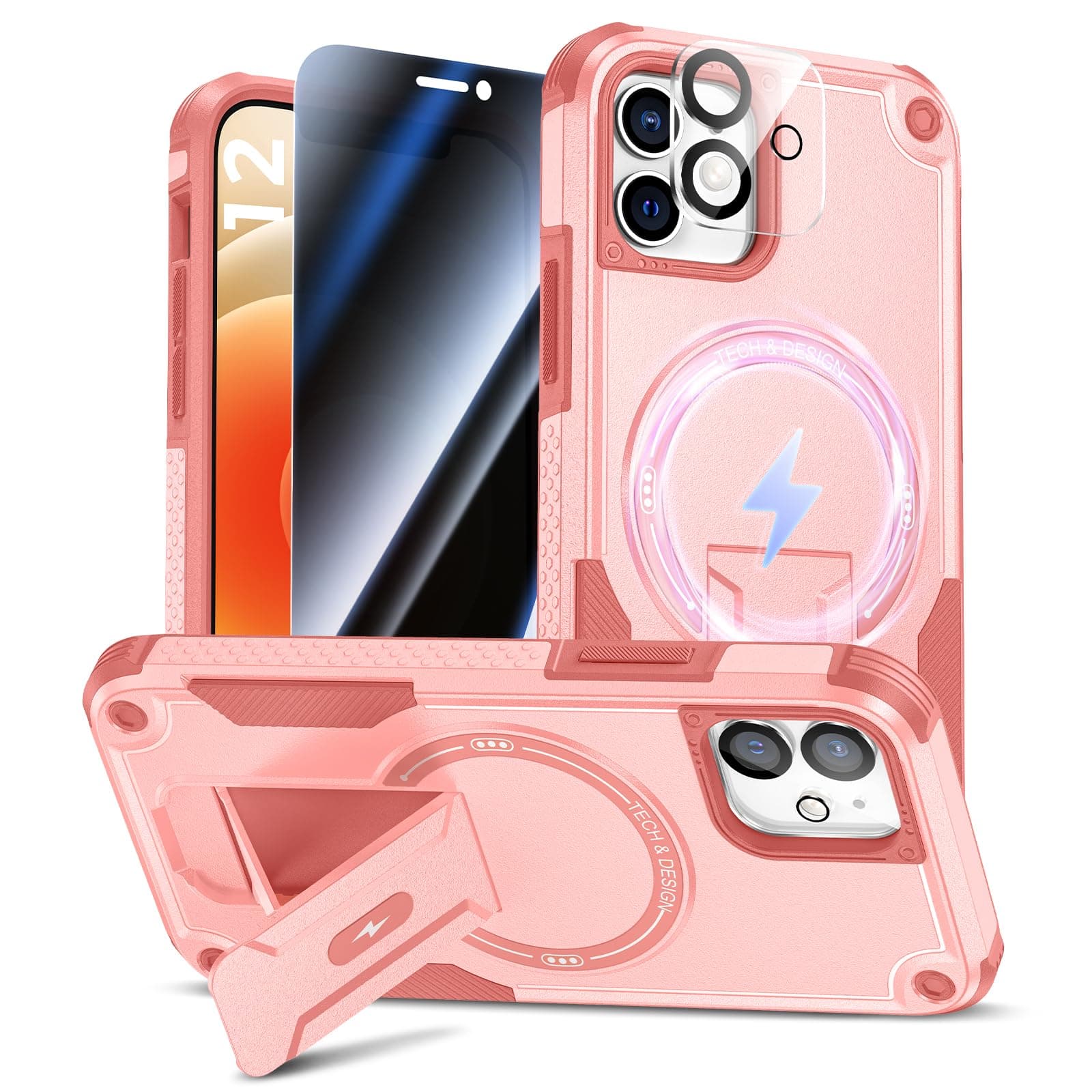Goton for iPhone 12 Case with Privacy Tempered Glass Screen Protector & Camera Lens Protector, Compatible with MagSafe, Invisible Kickstand, Shockproof Phone Cover, Pink