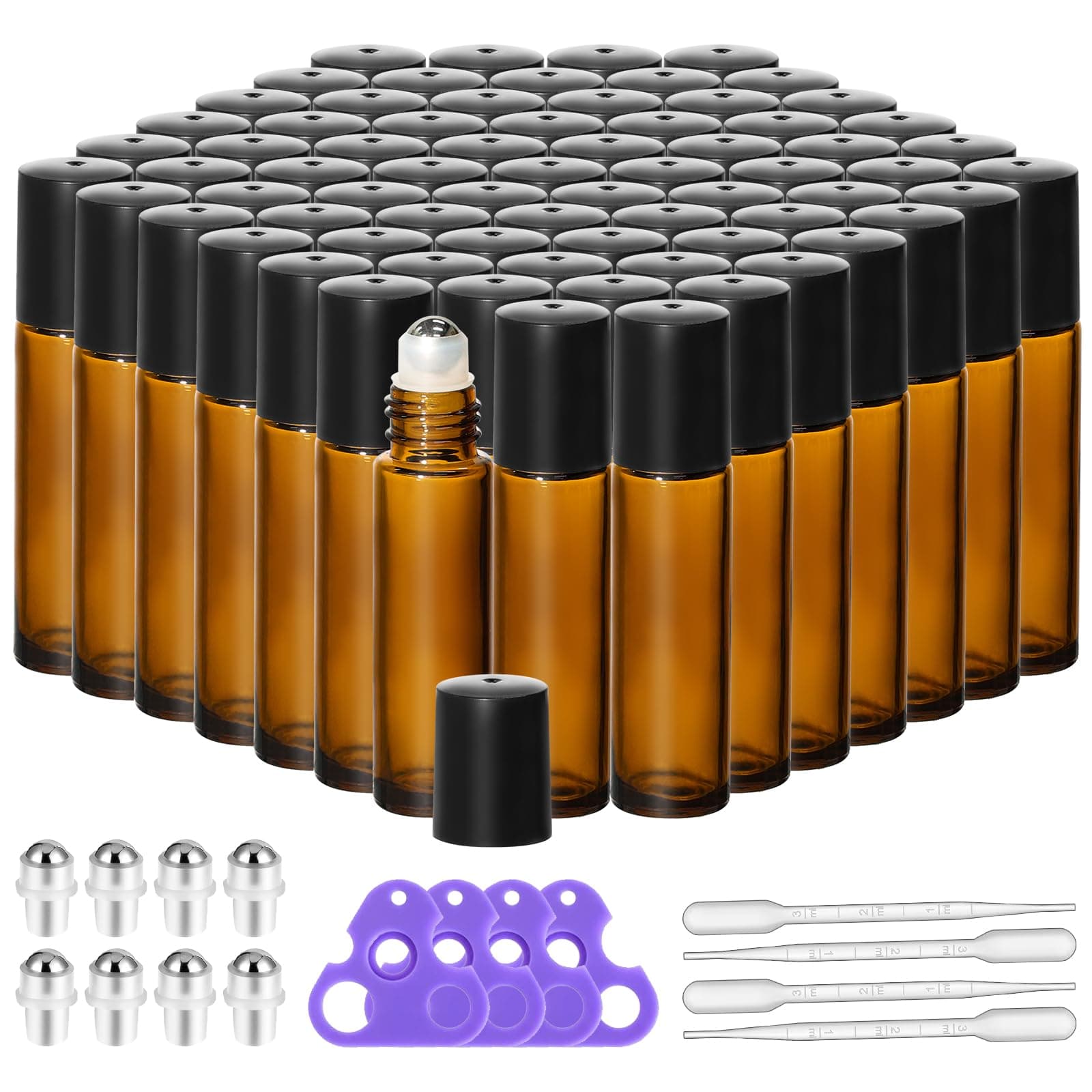 Aqziill 72 Pack Empty Essential Oil Roller Bottles – 10ml Amber Glass Roll-On Bottles with Stainless Steel Roller Balls & Caps, Refillable Perfume Containers for DIY & Travel(Amber)