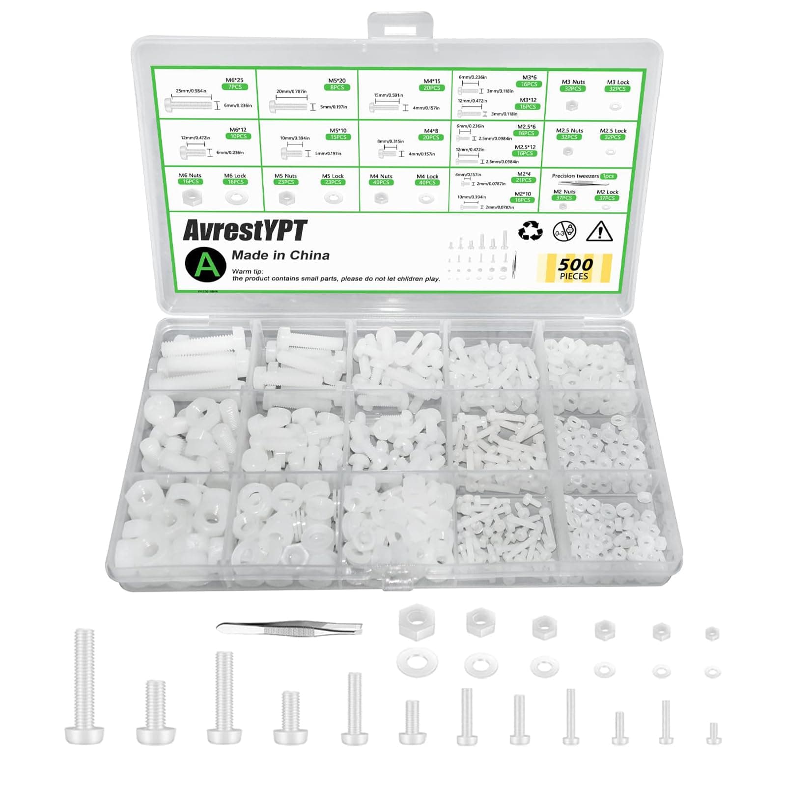 500 Pcs White Nylon Plastic Pan Round Head Screws Bolts and Nuts and Gaskets Metric Full Threaded Hex Head Screws Bolts and Nuts and Washers Assortment Set - M2/M2.5/M3/M4/M5/M6