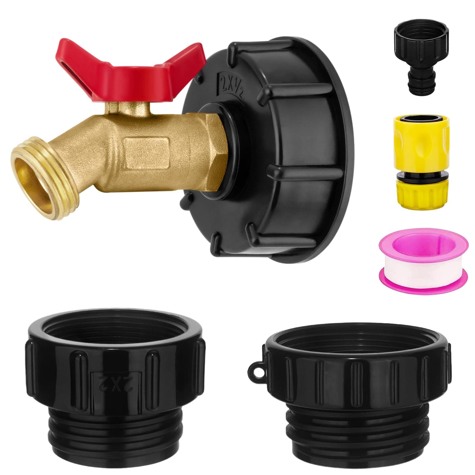 IBC Tote Adapter 275-330 Gallon IBC Bag Tank Fittings, 1/2in Solid Brass Garden Hose Valve with 3-Size IBC Tote Adapter, 2.44" Fine, 2 "Fine, and 2" Coarse Thread