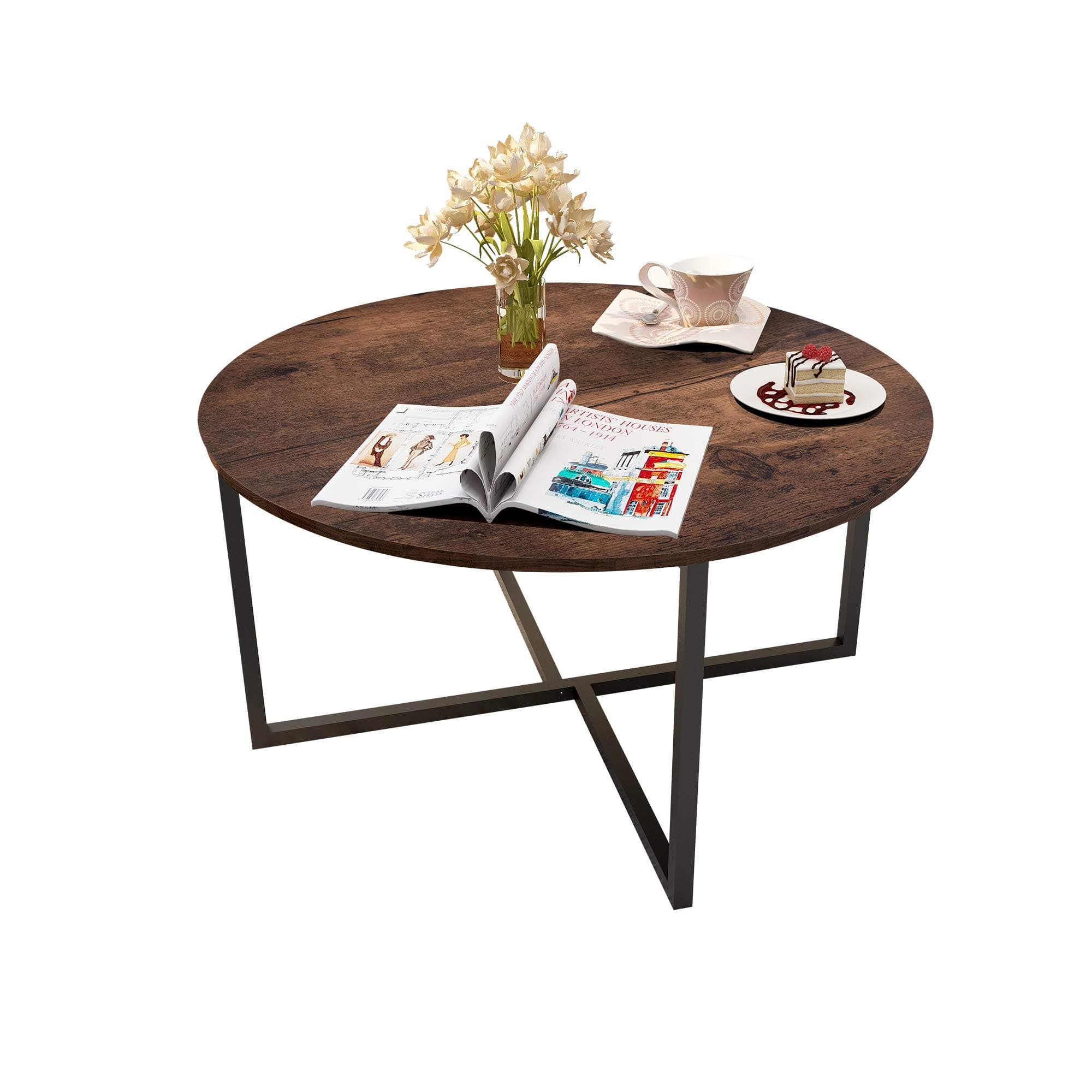 Round Living Room Coffee Table with X Base Metal Frame, Accent Furniture for Home Office, Black+Brown