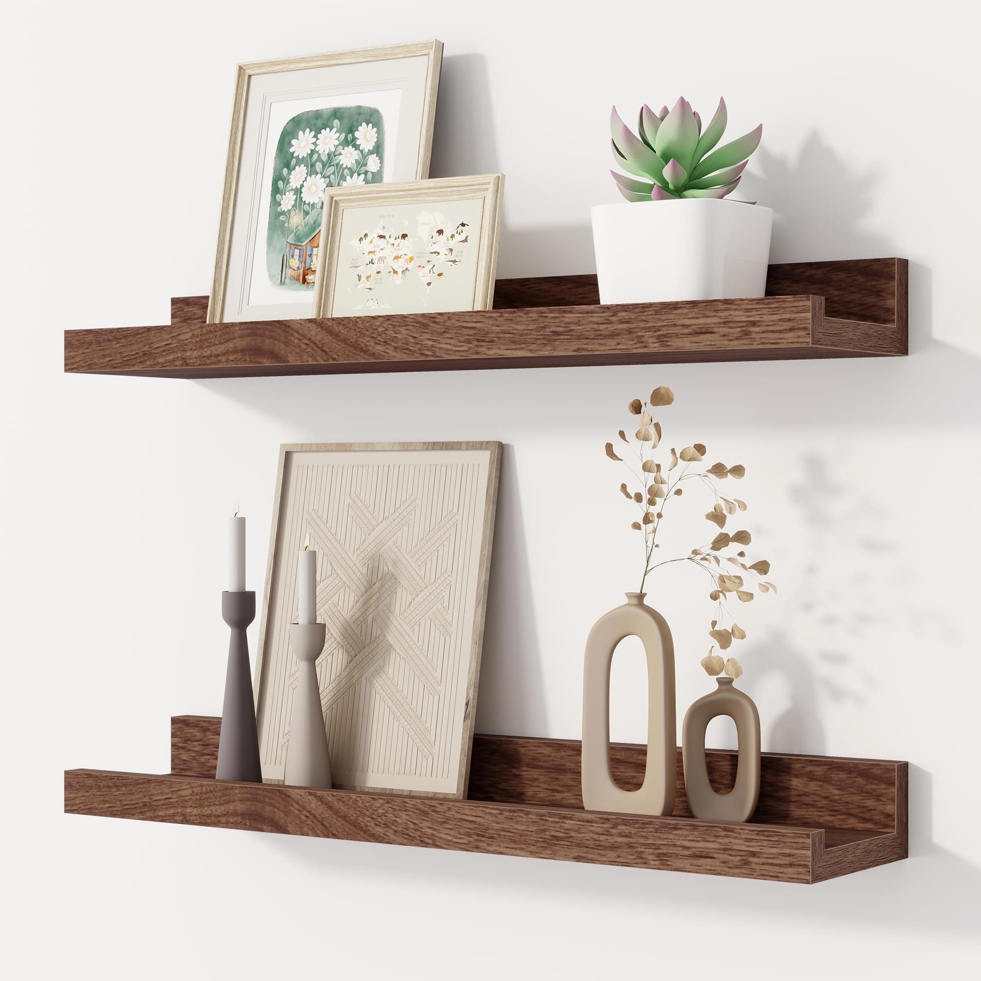 Fun Memories Walnut Floating Picture Ledge Shelves for Wall Decor, Wall Mounted Wood Storage Shelf for Bedroom, Living Room, Bathroom, Kitchen, Nursery, Display Picture Ledge Shelf Set of 2-16 Inches