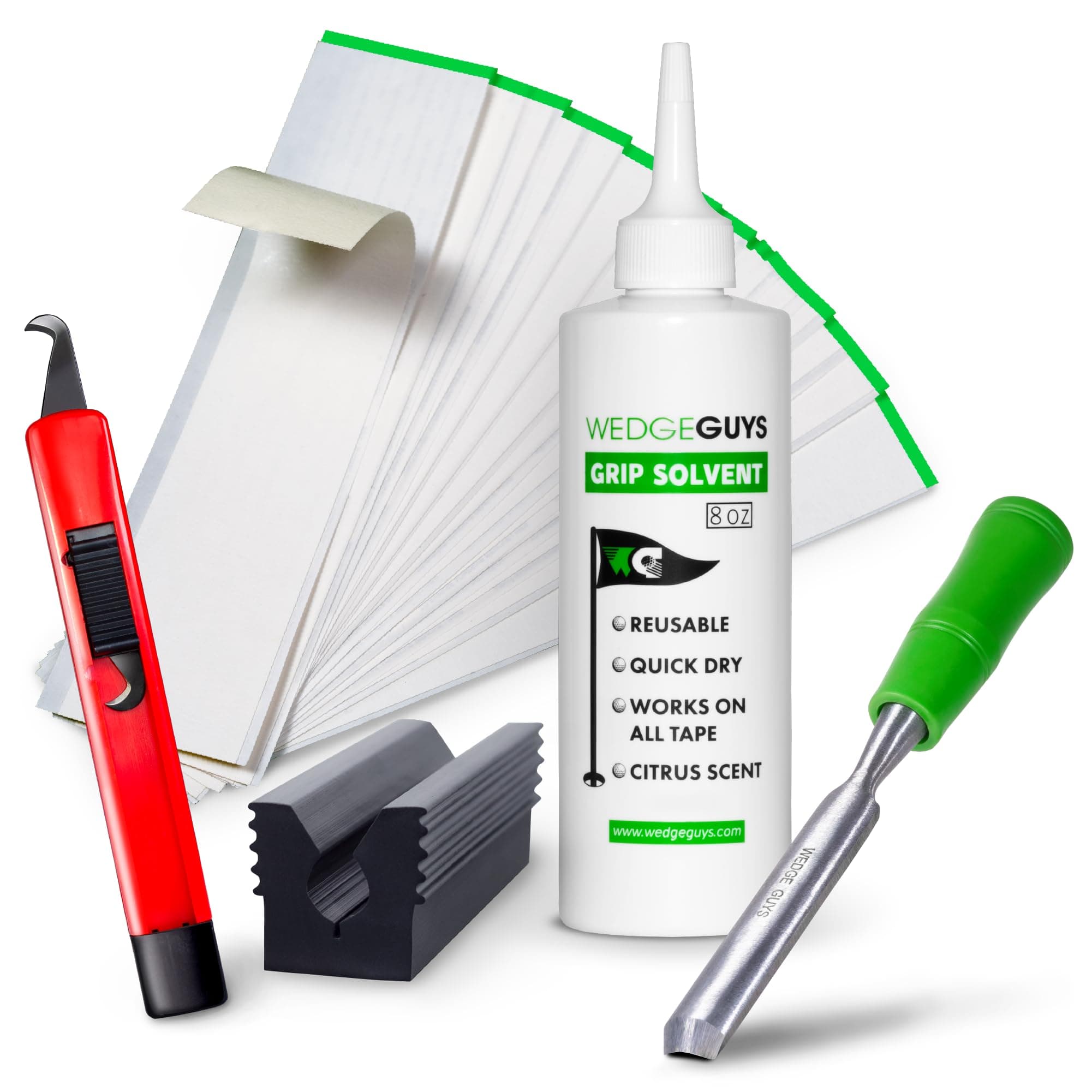 Wedge Guys Golf Grip Kits for Regripping Golf Clubs - Professional Quality - Options Include Hook Blade, 15 or 30 Tape Strips, 5 or 8 oz Solvent, Grip Tape Remover, Bench Vise & Rubber Clamp