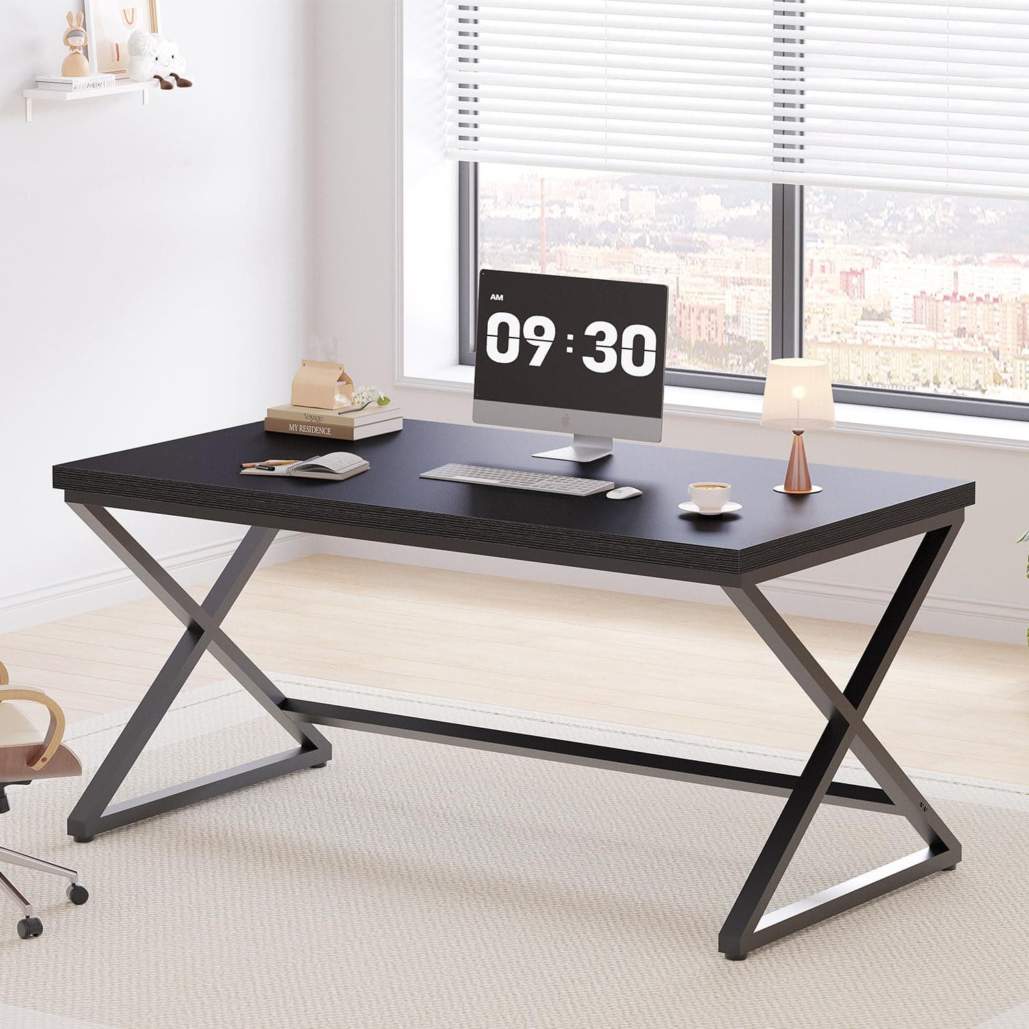 IBF Black Desk, Modern Computer Desk for Home Office, Industrial Simple Pc Gaming Writing Study Desk in Bedroom, Wood Metal Laptop Workstation Executive Work Computer Table, Black Oak, 55 Inch