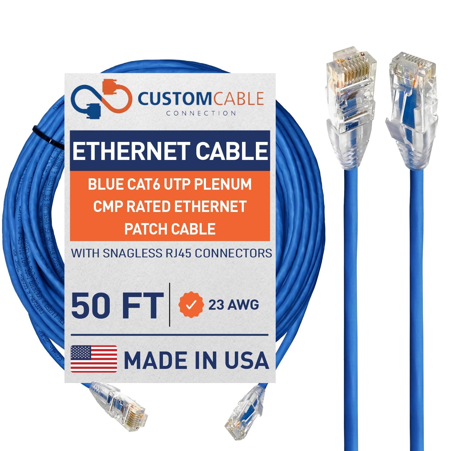 50 Foot Blue Cat6 UTP Plenum CMP Rated Ethernet Patch Cable by Custom Cable Connection