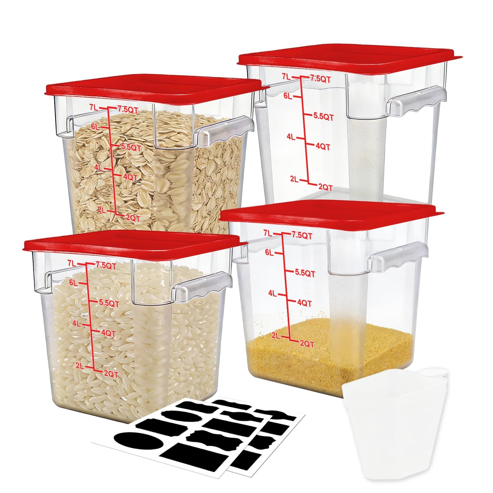 WELKOR Airtight Square Food Storage Containers with Lids 4-Pack, Lock-Tight Seal for Flour, Sugar, Cereal, Keep Food Fresh, BPA-Free Stackable Kitchen Canisters with Measurements (Red, 7.5QT-4PACK)