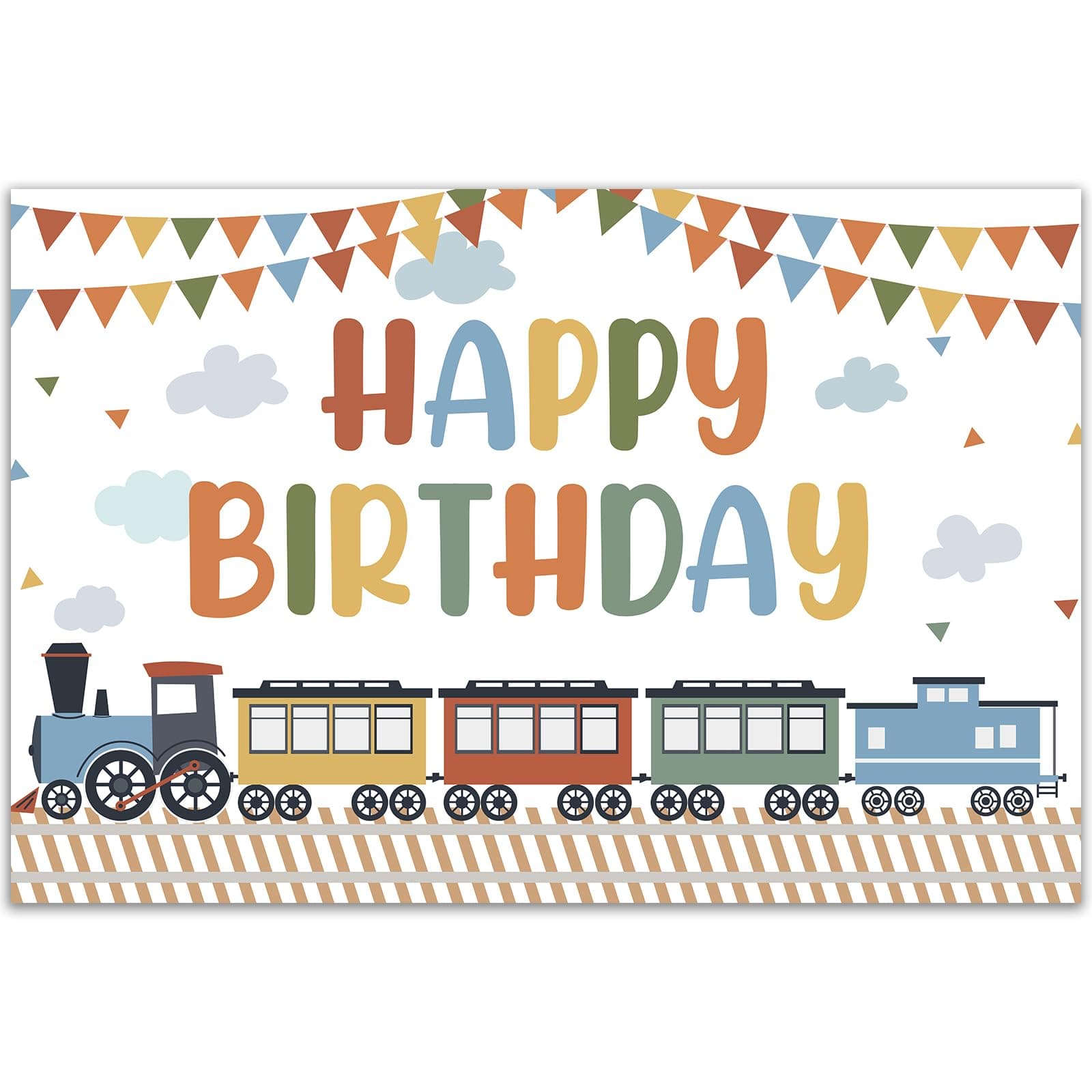 Vintage Train Birthday Party Decorations, Happy Birthday Train Backdrop 5 x 3ft, Colorful Train Birthday Photography Background, Train Themed Party Supplies