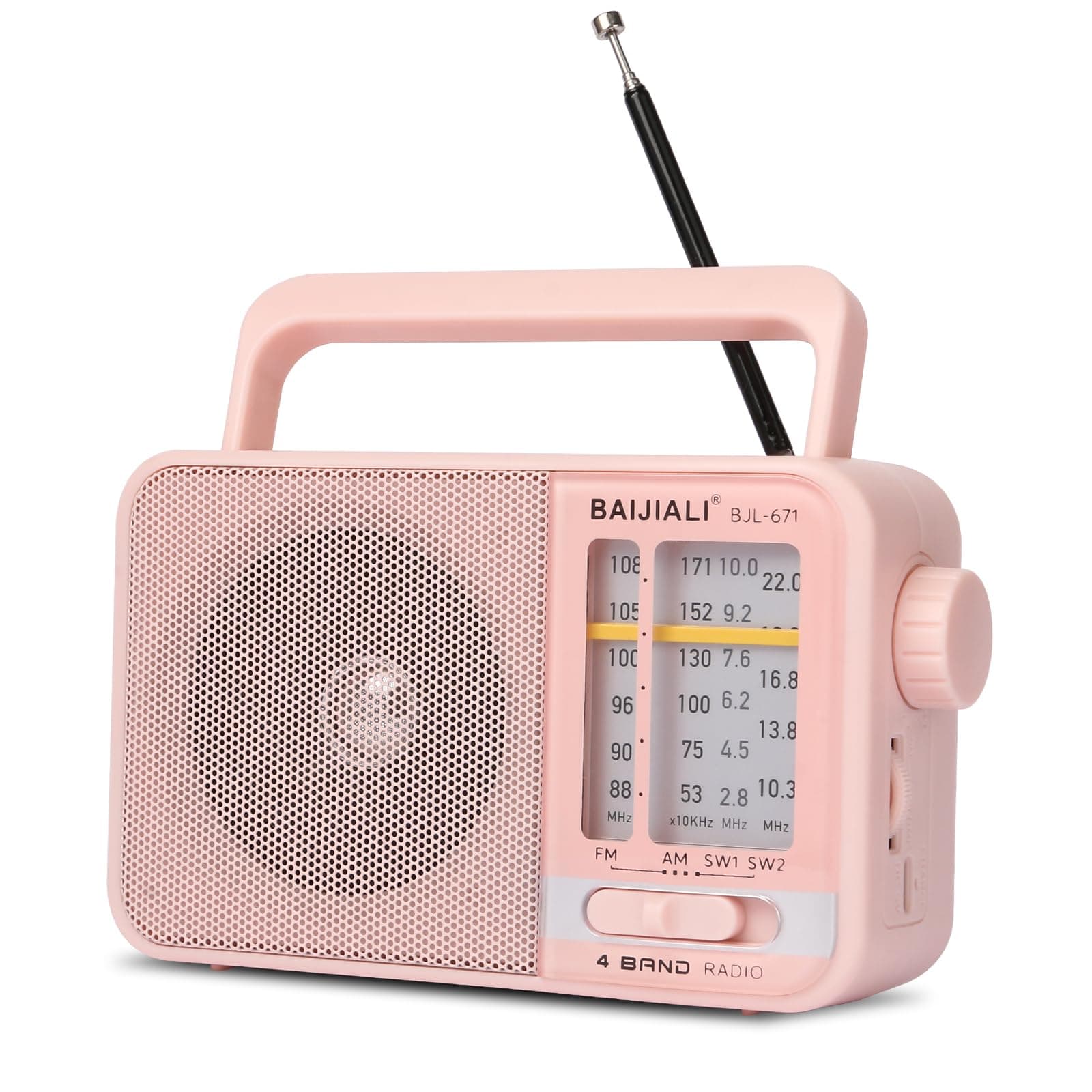 Portable AM/FM Transistor Radio with Loud Speaker, Battery or USB Powered - Compact Emergency Radio for Indoor, Outdoor, Travel & Storms (BJL-671, Pink)