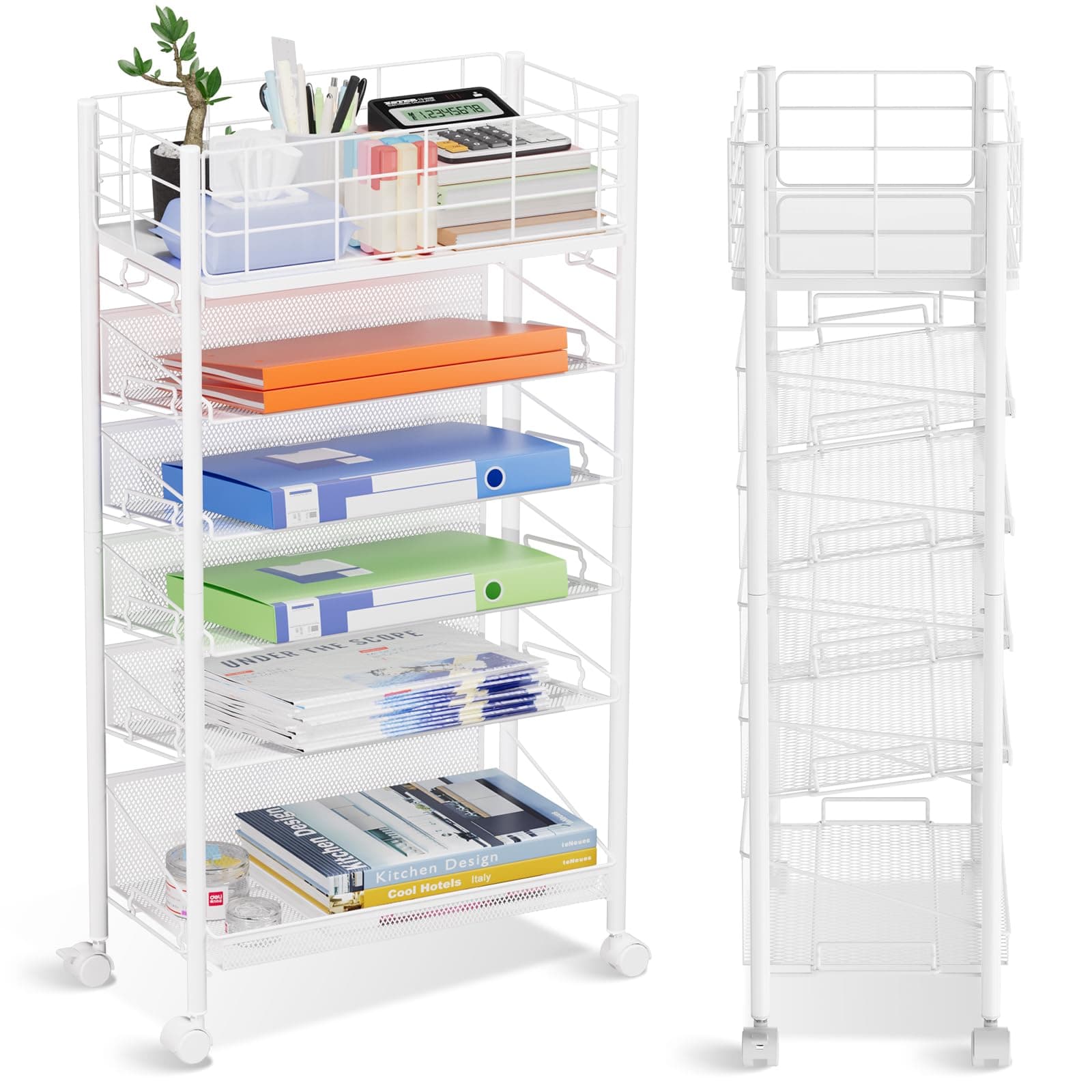 Rolling File Cart with Wheels,Shrivee 6 Tier Metal Rolling File Organizer Cart Beside Desk,Mobile Book Carts with Wheels for Office Home School Teacher Classroom Paper Letter Organization,White
