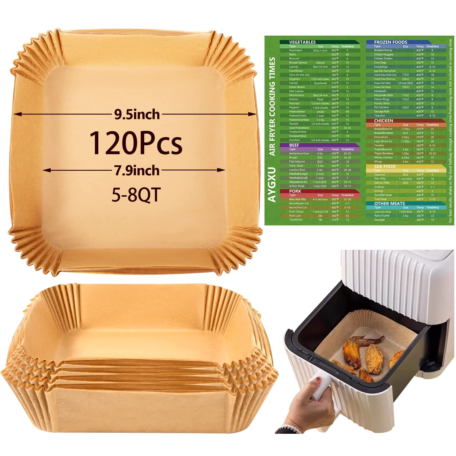 120PCS Air Fryer Paper Liners, Air Fryer Disposable Paper Liner Square, Non-Stick Parchment Paper, Food Grade Parchment Paper and Baking Paper, Waterproof and Oil Proof, for Air Fryer Baking Roasting