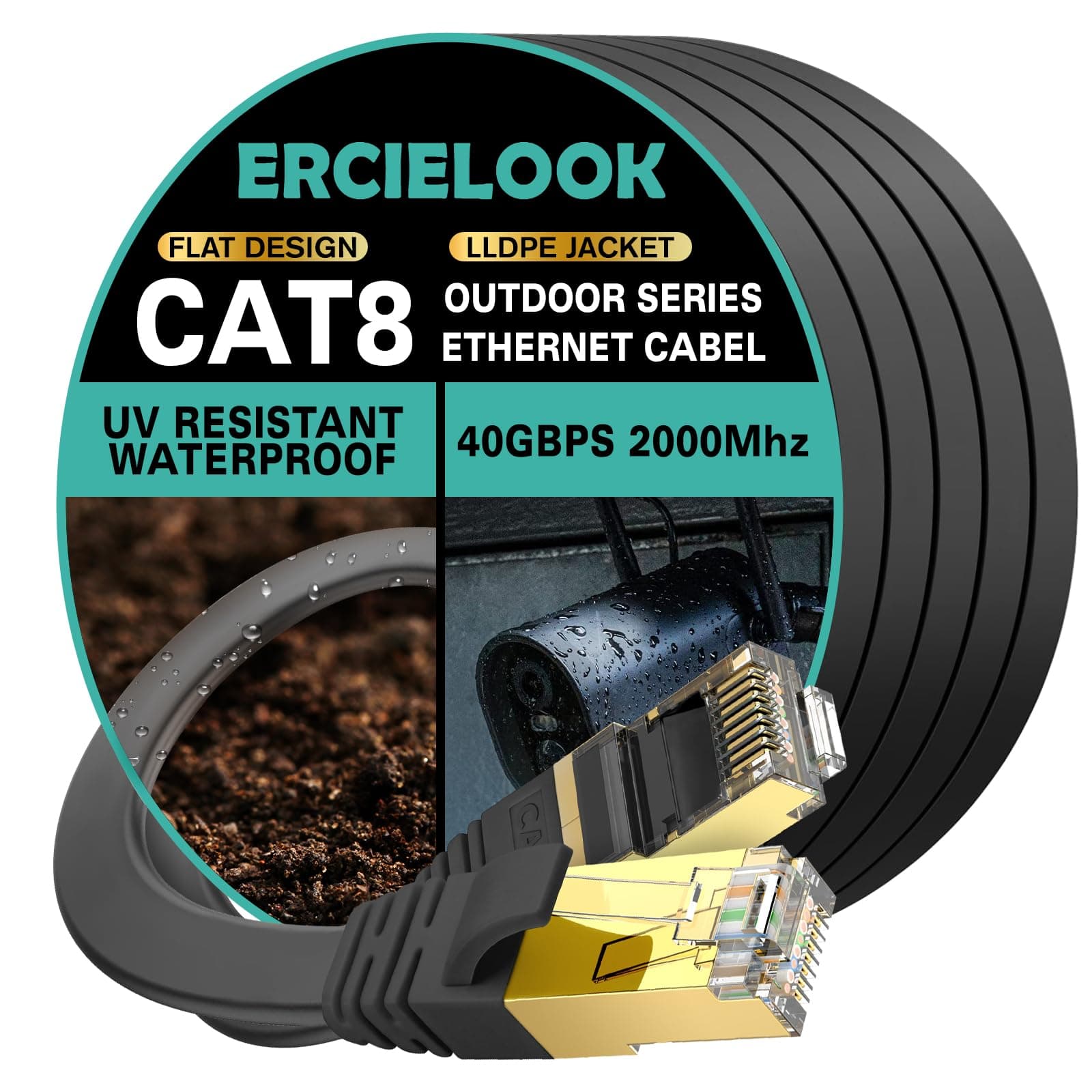 Ethernet Cable 50 ft (15 M) - Ercielook CAT8 High Speed Shielded Flat Internet Cable with Clips, Faster Than Cat6 LAN Wire - Black