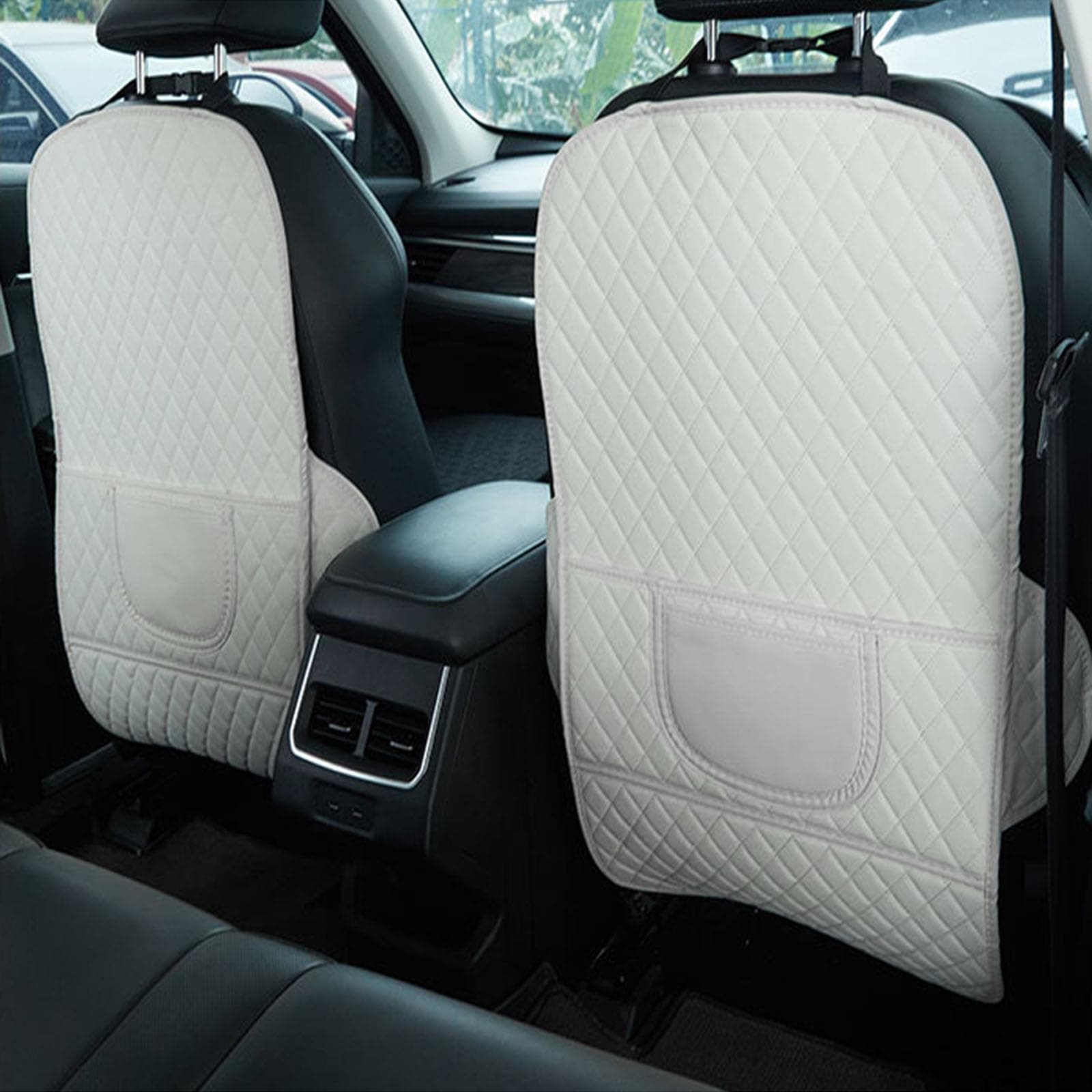 Car Seat Back Protectors for VW Tiguan 2007-2023 2024 2025 5N AD1 AD2 AD3 AD4, 2 Pcs Car Seat Kick Mat, Leather Backseat Kick Guard Seat Saver with Organiser Pocket, E-White-2pcs