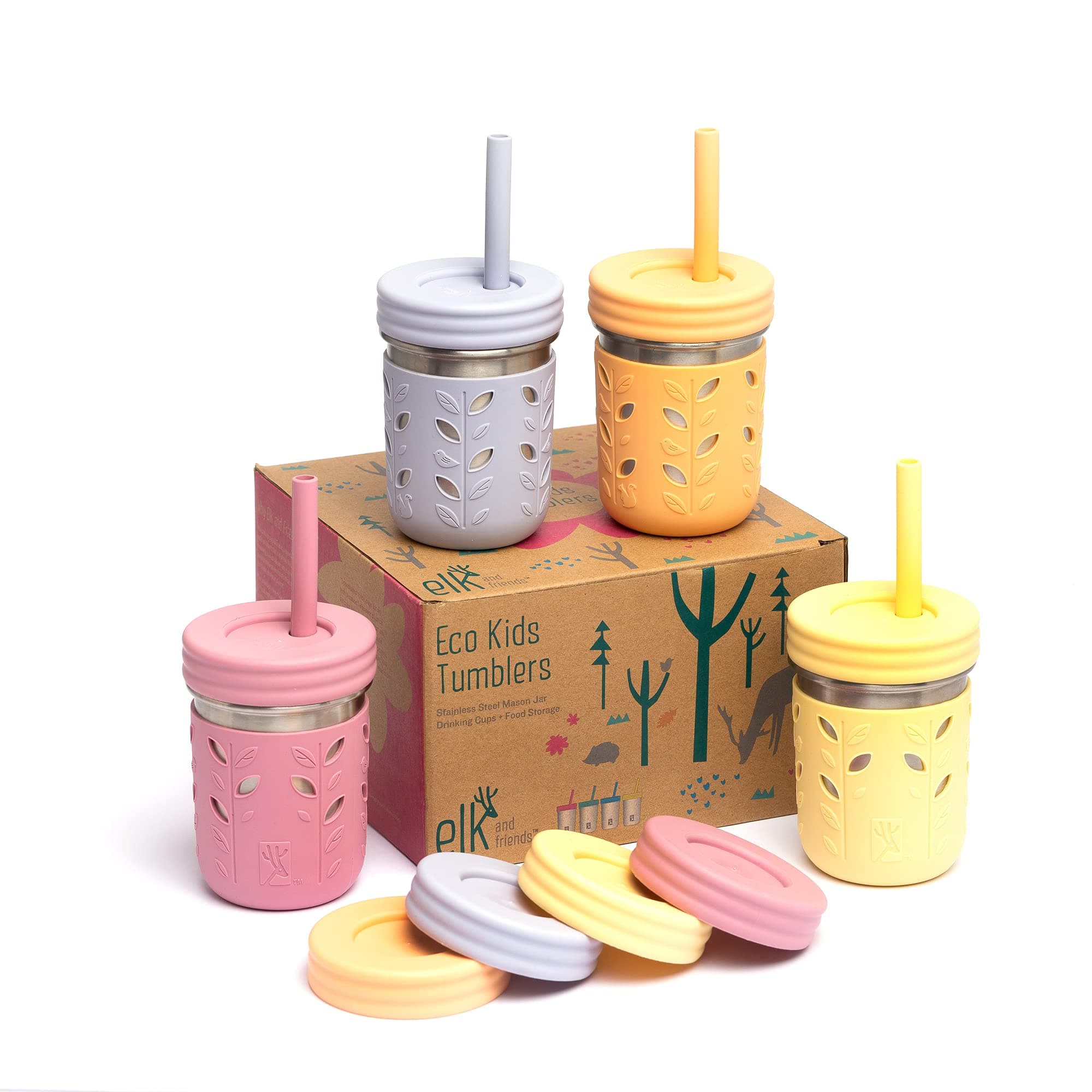 Elk and Friends Kids 10oz Stainless Steel Mason Jars + Sleeves + Lids | 4pk