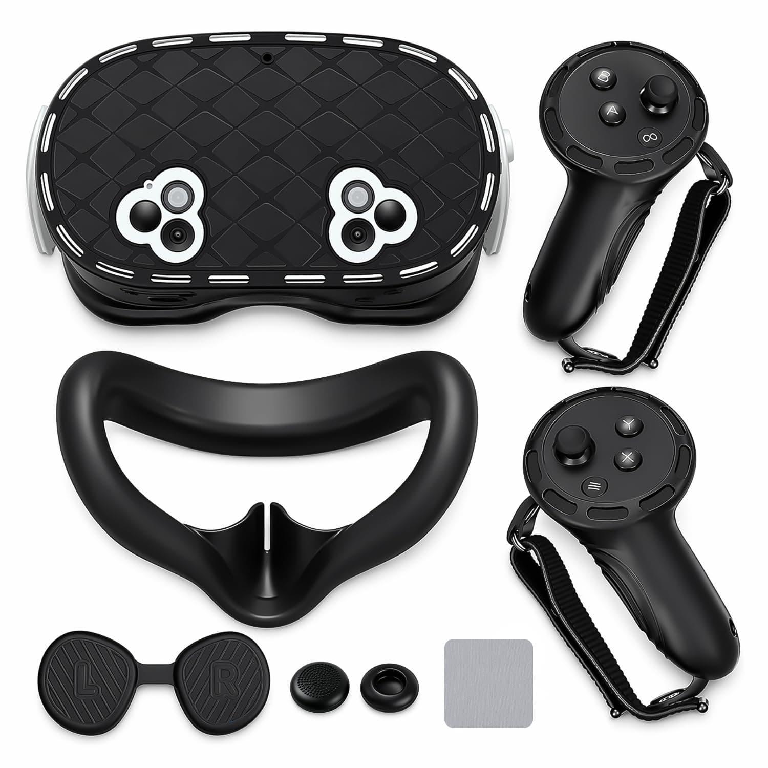 6-in-1 Silicone Cover Set for Meta Quest 3S, Bemkiru VR Protective Accessories Kit for Oculus 3S with Headset Shell Cover, Washable Face Pad, Lens Cover, Joystick Caps & Controller Grip Covers, Black