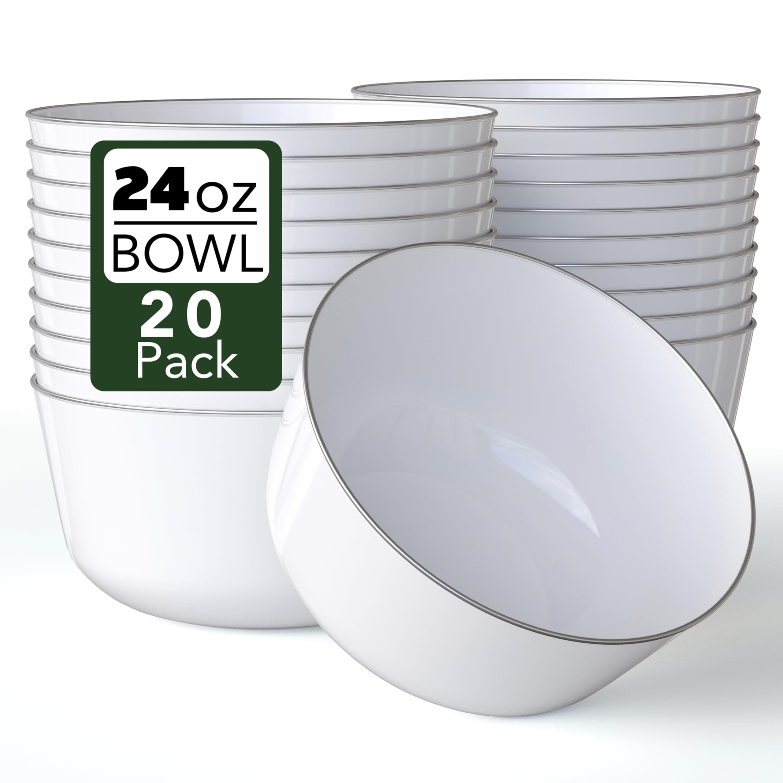 Trendables Plastic Bowls Disposable Bowls 24 Oz Bowl Set of 20 White Silver Rimmed Fancy Plastic Serving Dishes Perfect for Parties and Events Disposable Candy Bowl