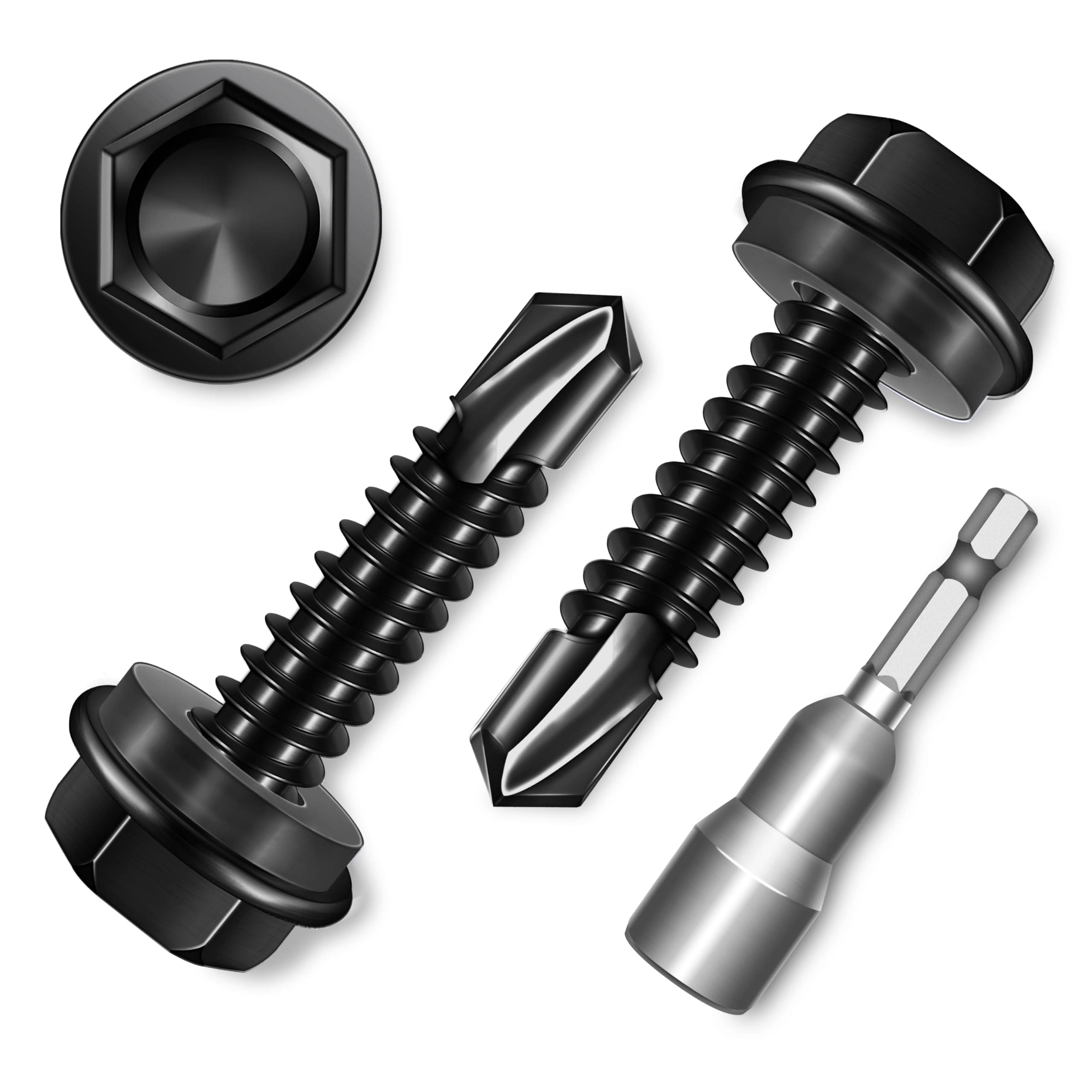 EASTPUK 50Pcs #12 x 1 Sheet Metal Screws, 410 Stainless Steel Self Drilling Hex Head Black Self Tapping Screws for Metal with Drill Bit
