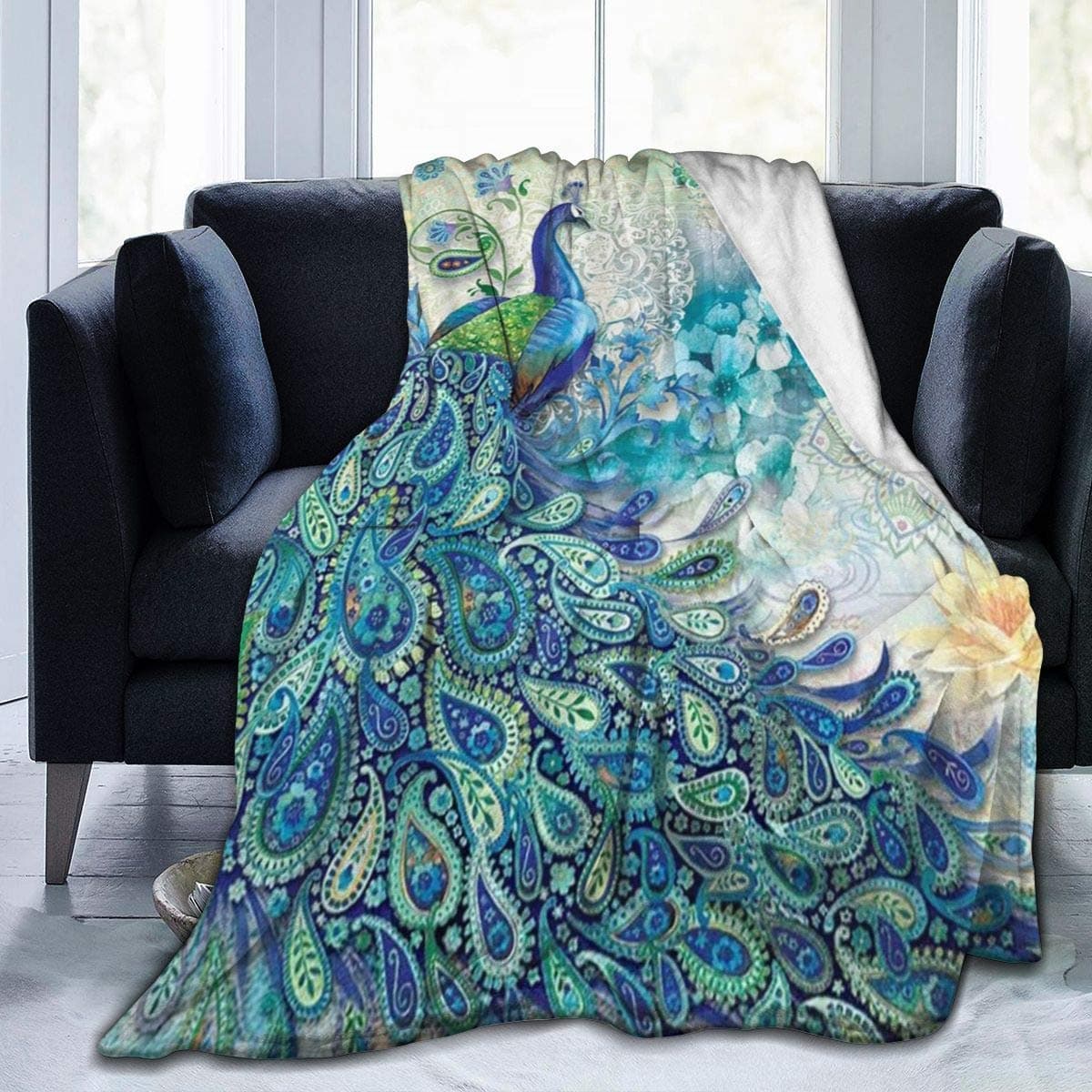 LuckyLou Peacock and Vintage Botanical Flannel Fleece Blanket Ultra Soft Cozy Warm Throw Lightweight Blanket Microfleece Blanket for Home?3 Sizes? 50" x40