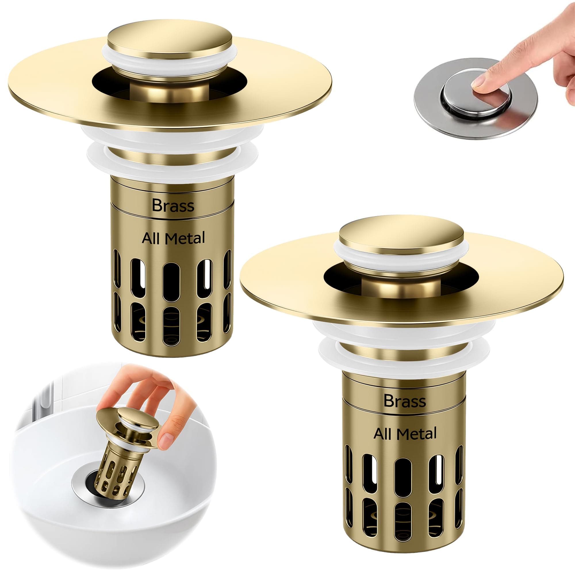 (All Metal) Bathroom Sink Stopper, Pop Up Drain for Bathroom Sink, Sink Plug Hair Catcher, Silent Popper Core with Removable Stainless Steel Filter Basket,Fit for 1.05~1.8'' (Gold, 2 Pack)