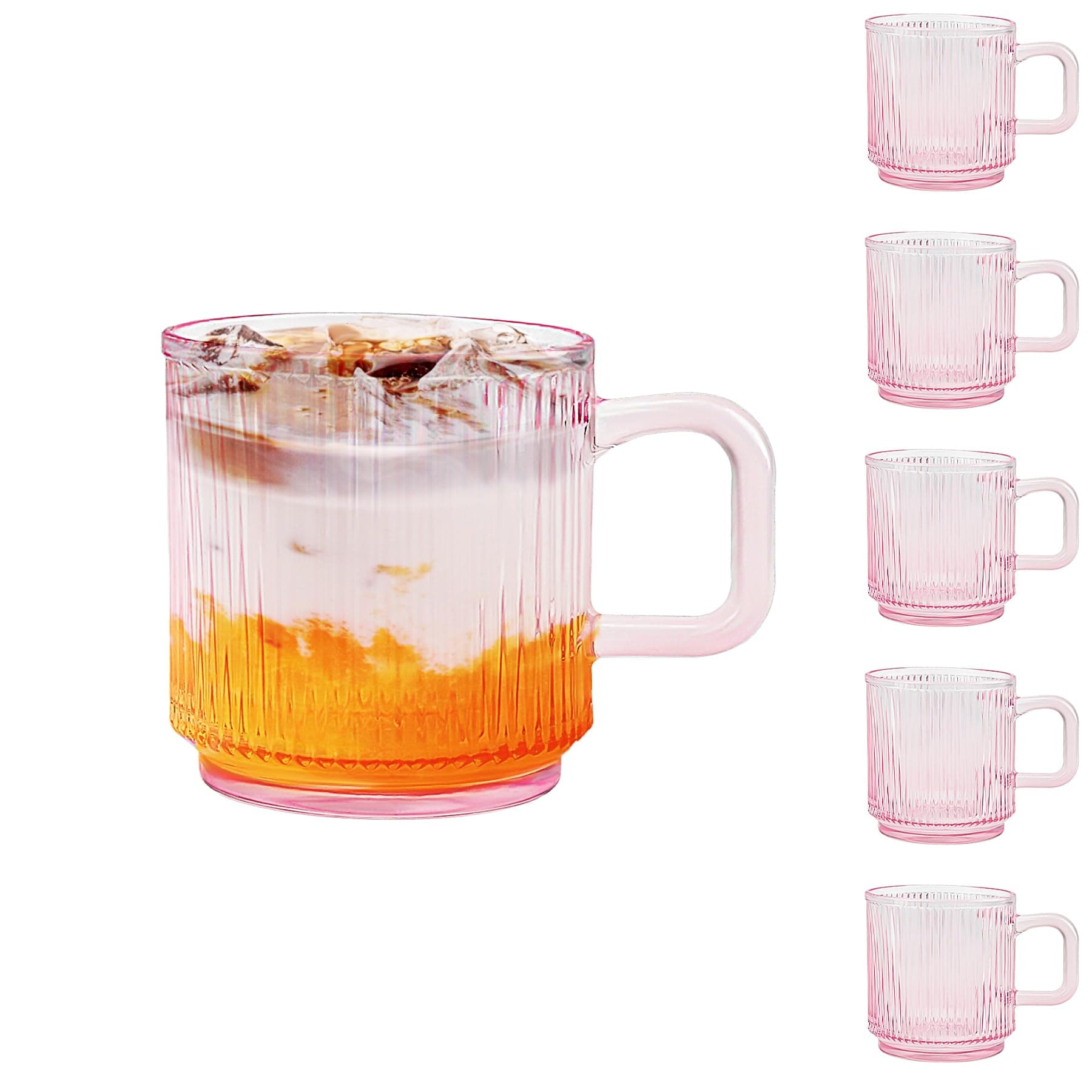 Glass Coffee Mugs 6 Pack - 340 ml Pink Coffee Cups with Handles - Classic Vertical Stripes Transparent Tea Cup Set for Hot Cold Beverages