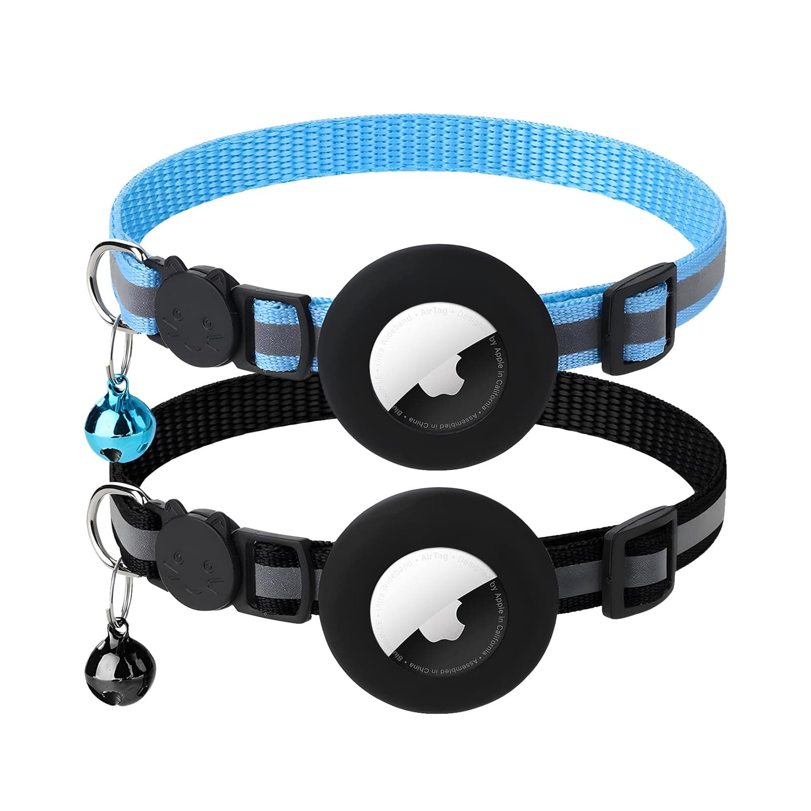 PWOD 2 Pack Airtag Cat Collar with Bell, Reflective Nylon Kitten Collar with Apple Air Tag Holder and Breakaway Safety Buckle for Puppy Girl Boy Cats, 3/8" in Width and Lightweight, Black/Blue