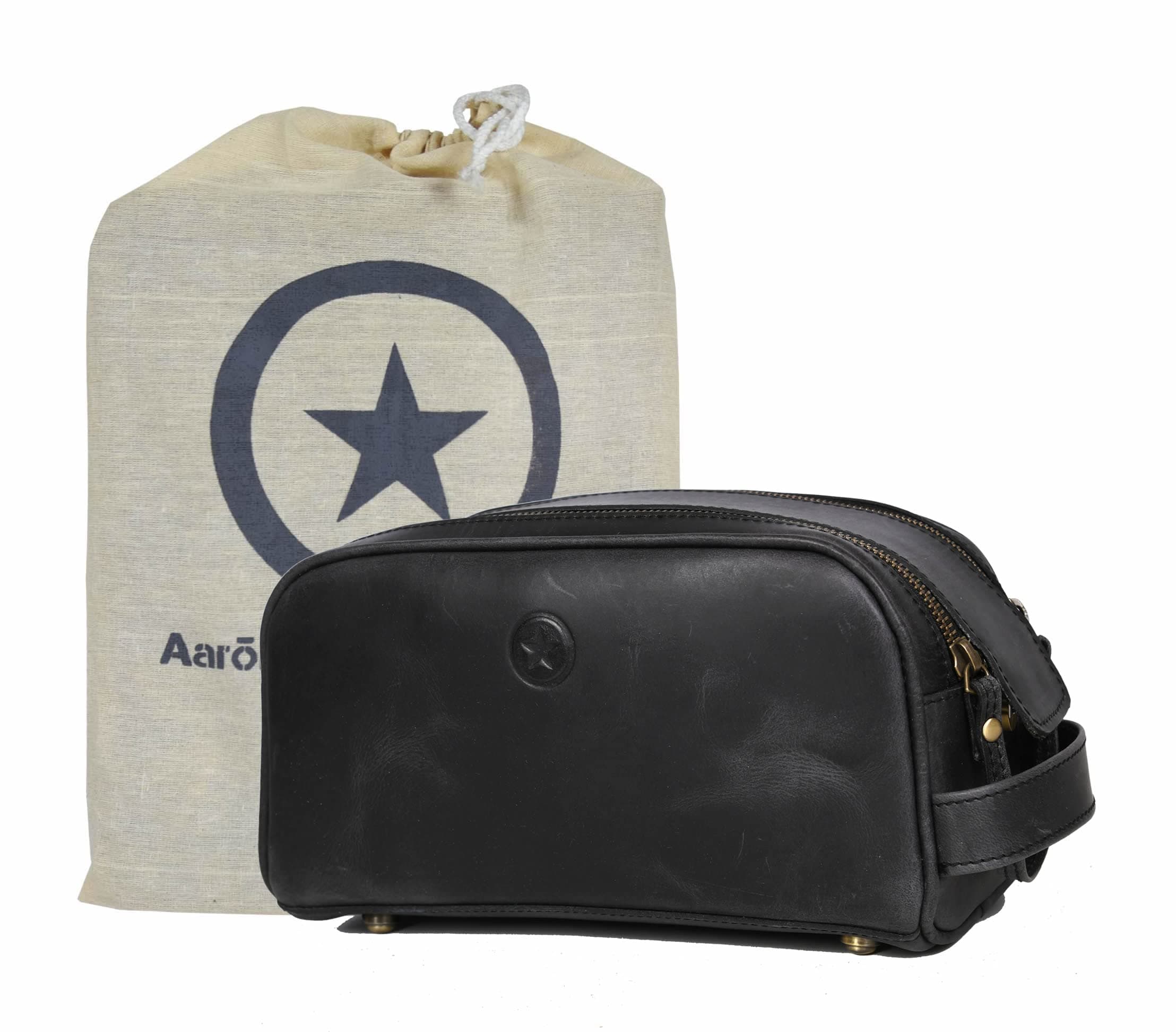 10" Premium Leather Toiletry Travel Pouch with Waterproof Lining | King-Size Handcrafted Vintage Dopp Kit By Aaron Leather Goods (Florida Black)
