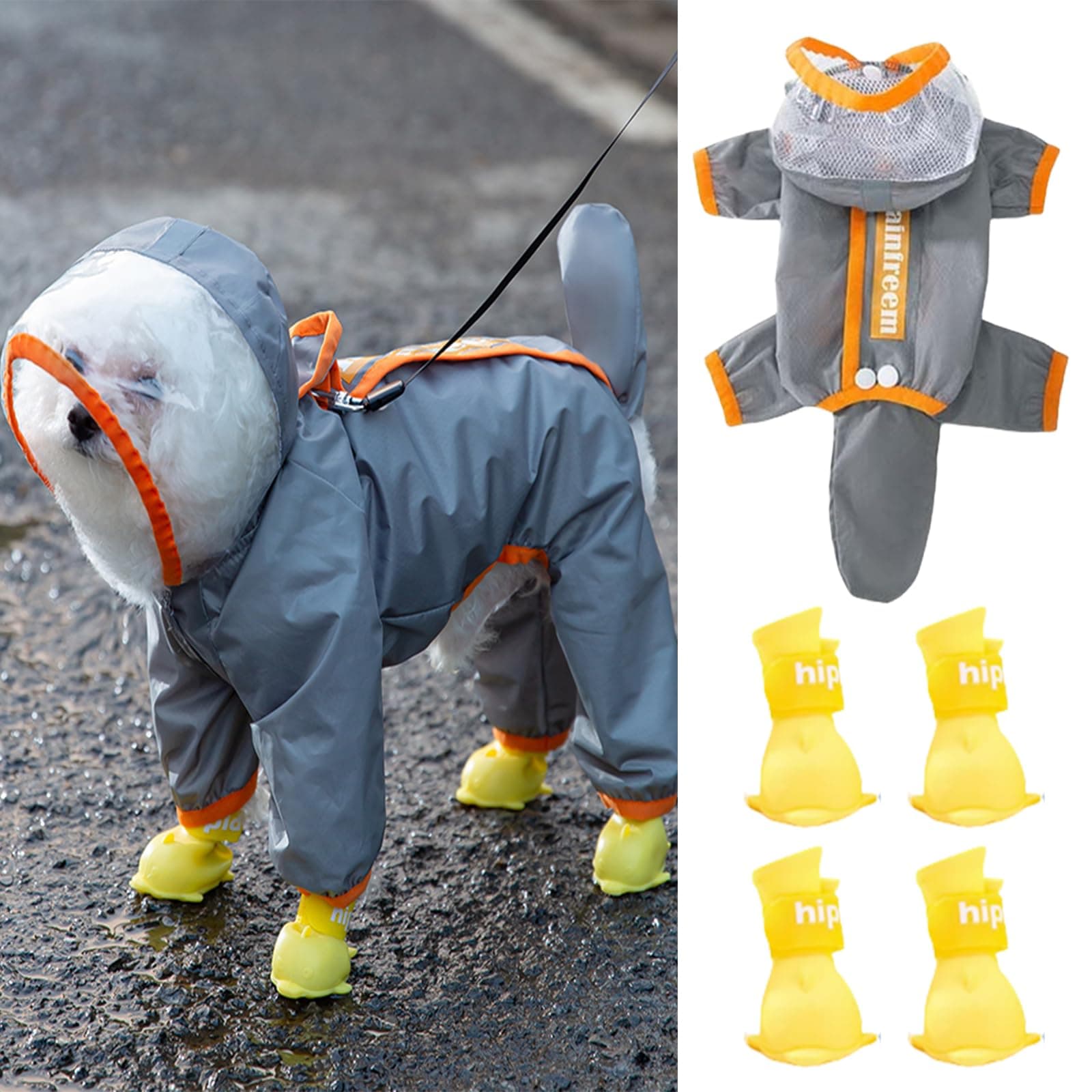 MANON ROSA Dog Clothes Raincoat and Boots Set-Premium Reflective Rainwear Ensemble for Small Medium Large Dogs Puppies (XX-Large,Orange Gray)