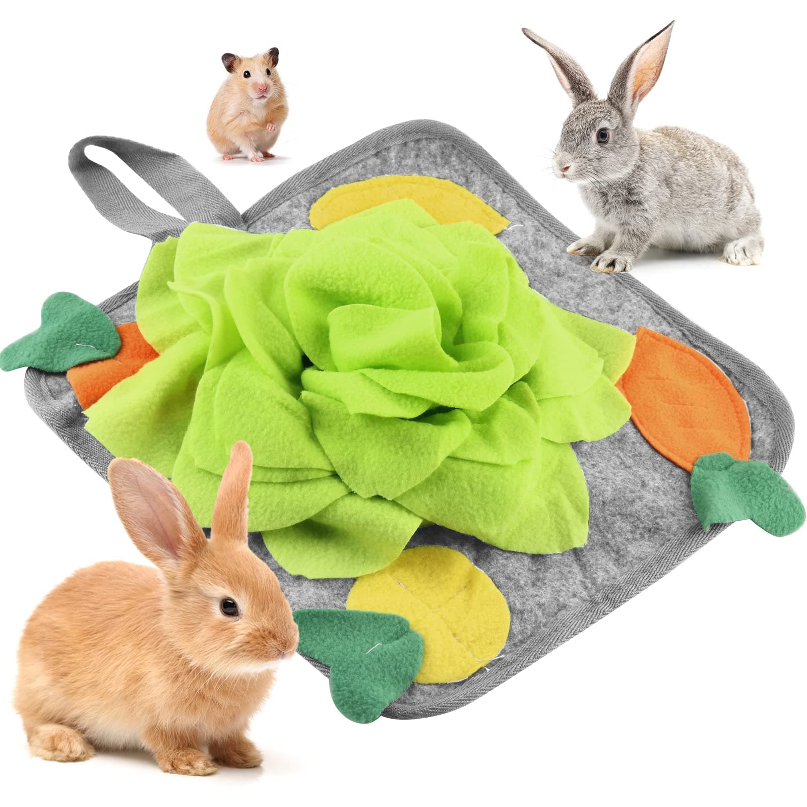 LOPERDEVE Rabbit Foraging Mat, Rabbit Toy 11.8"x11.8" Rabbits Snuffle Mat Machine Washable Polar Fleece Funny Interactive Nosework Feeding Mat Treat Dispenser for Bunny Guinea Pigs Ferrets Chinchillas