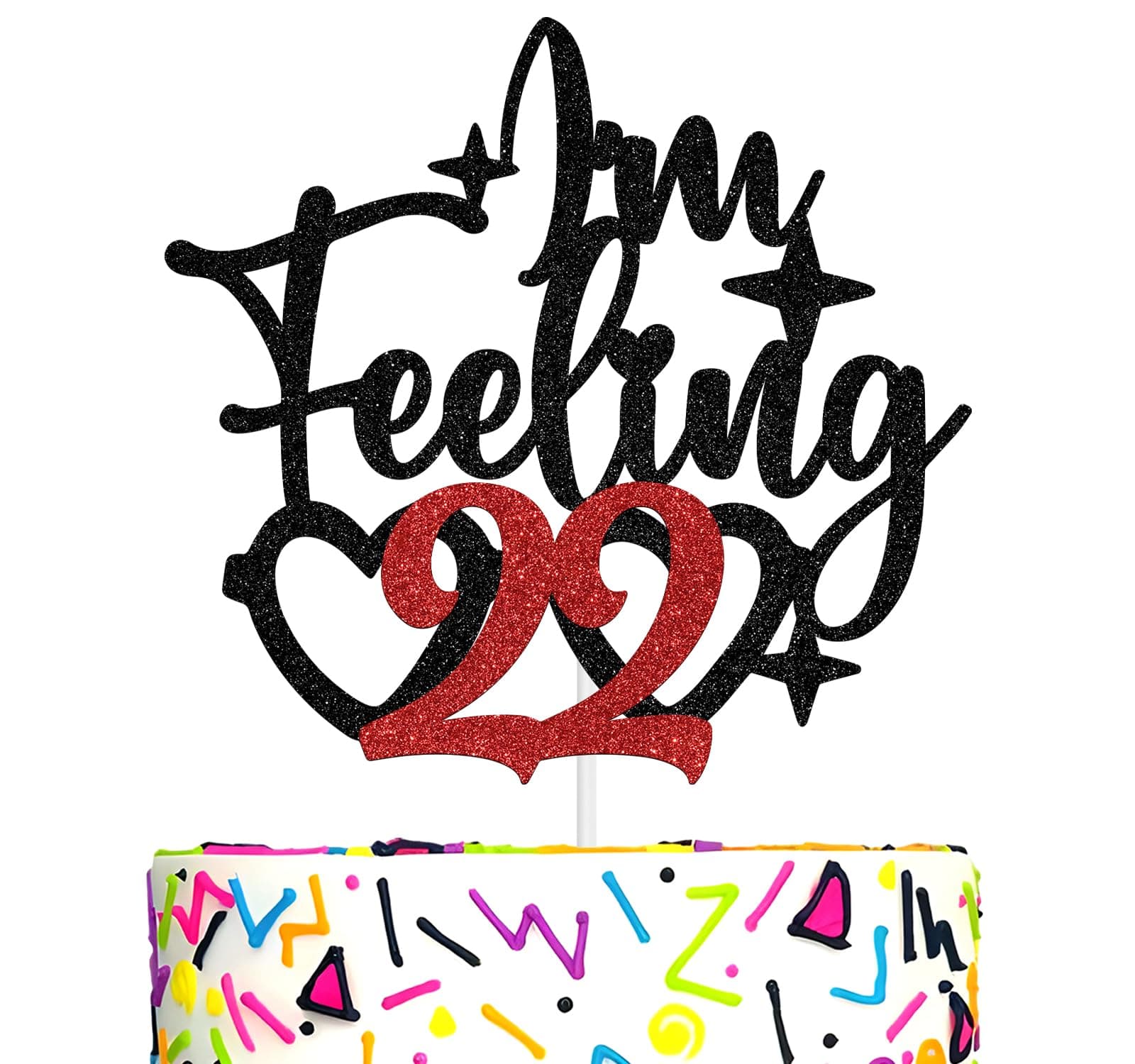 I'm Feeling 22 Cake Topper, Hello 22, Twenty Two, Music Theme Happy 22nd Birthday Party Decorations Supplies for Girls Women, Black and Red Glitter