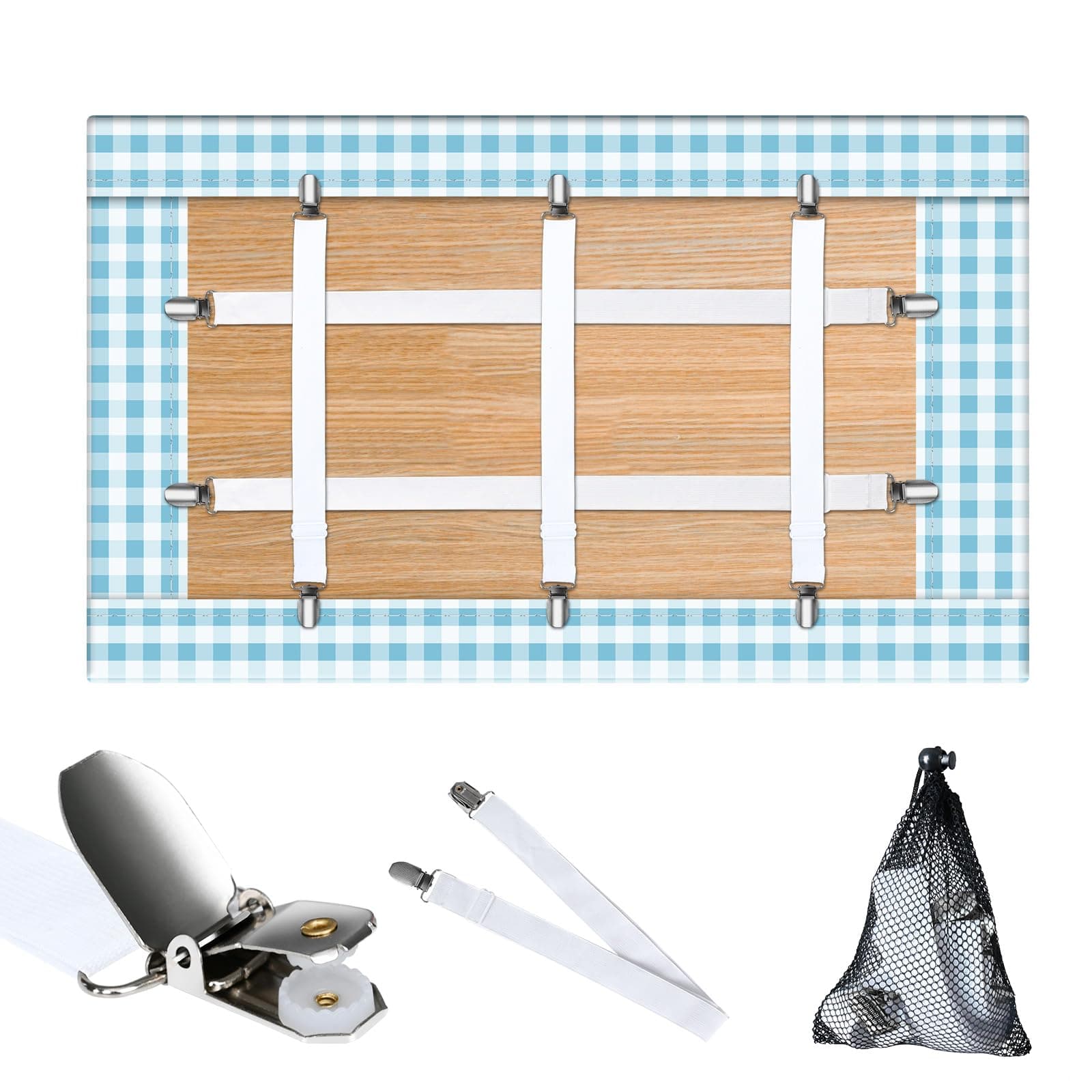 Table Cloth Holder Clips Hidden Straps 5 Pack, Adjustable Elasticity Picnic Tablecloth Clips