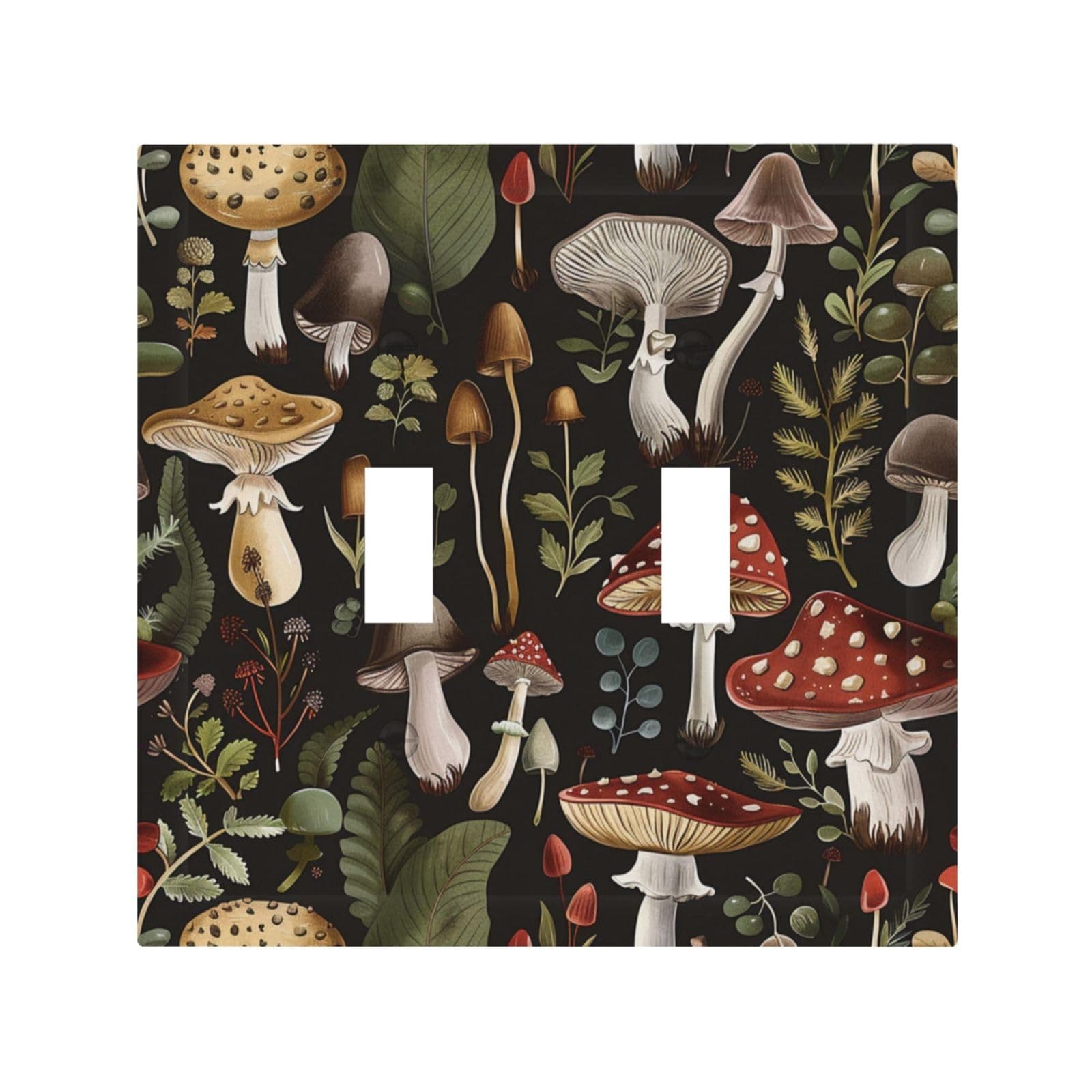 JDAKHD Retro Mushroom Decorative 2-Gang Toggle Light Switch Cover Black Vintage Floral Flower Botanical Plant Farmhouse Double Switch Wall Plate for Home, Basement & Office Outlets