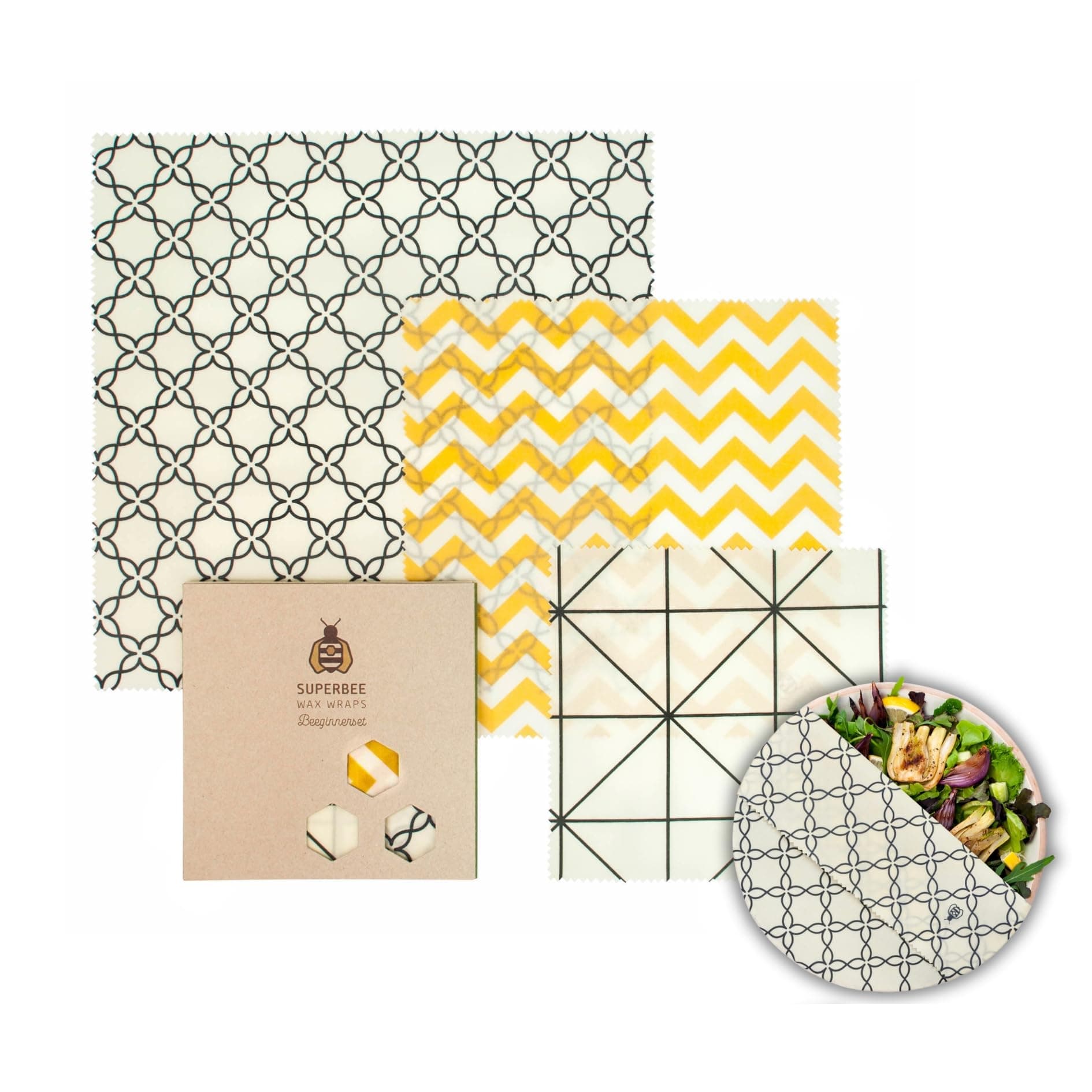 SUPERBEE Beeswax Wrap for Food, Set of 3 Bees Wax Wraps, Reusable Bees Wrap Paper for Wrapping Vegetables & Cheese, Bowl Covers and Sandwich Wrapping Paper, Beeswax Food Wraps - Classic