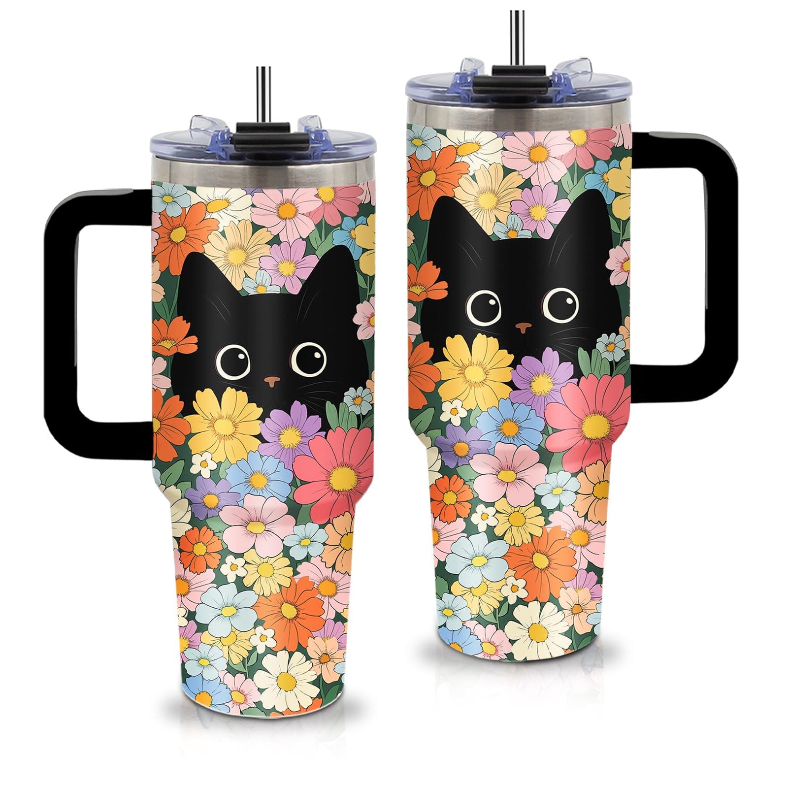 xiiai Black Cat & Floral Tumbler 40oz with Handle and Straws, Leak - proof, Stainless Steel Insulated Travel Coffee Mugs Vintage Flora & Cute Cat Print Cup Gifts for Women, Girls, Birthday, Christmas