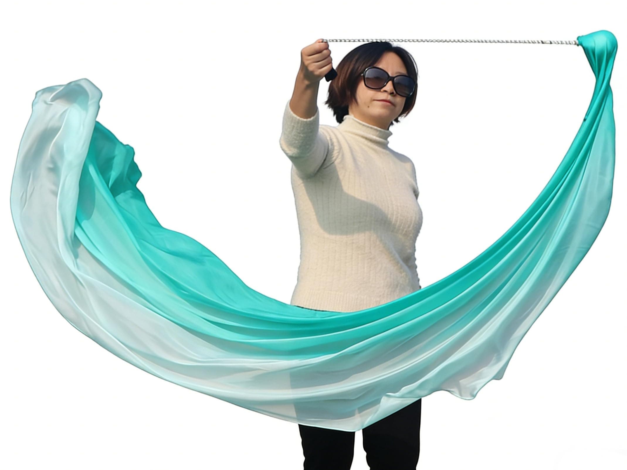 Winged Sirenny Hand-Painted 180cm Silk Veil Poi Ball for Tribal Fusion Belly Dance, Worship & Flow Arts, Stainless Steel Chain with Carry Bag (Peacock Green Gradient)