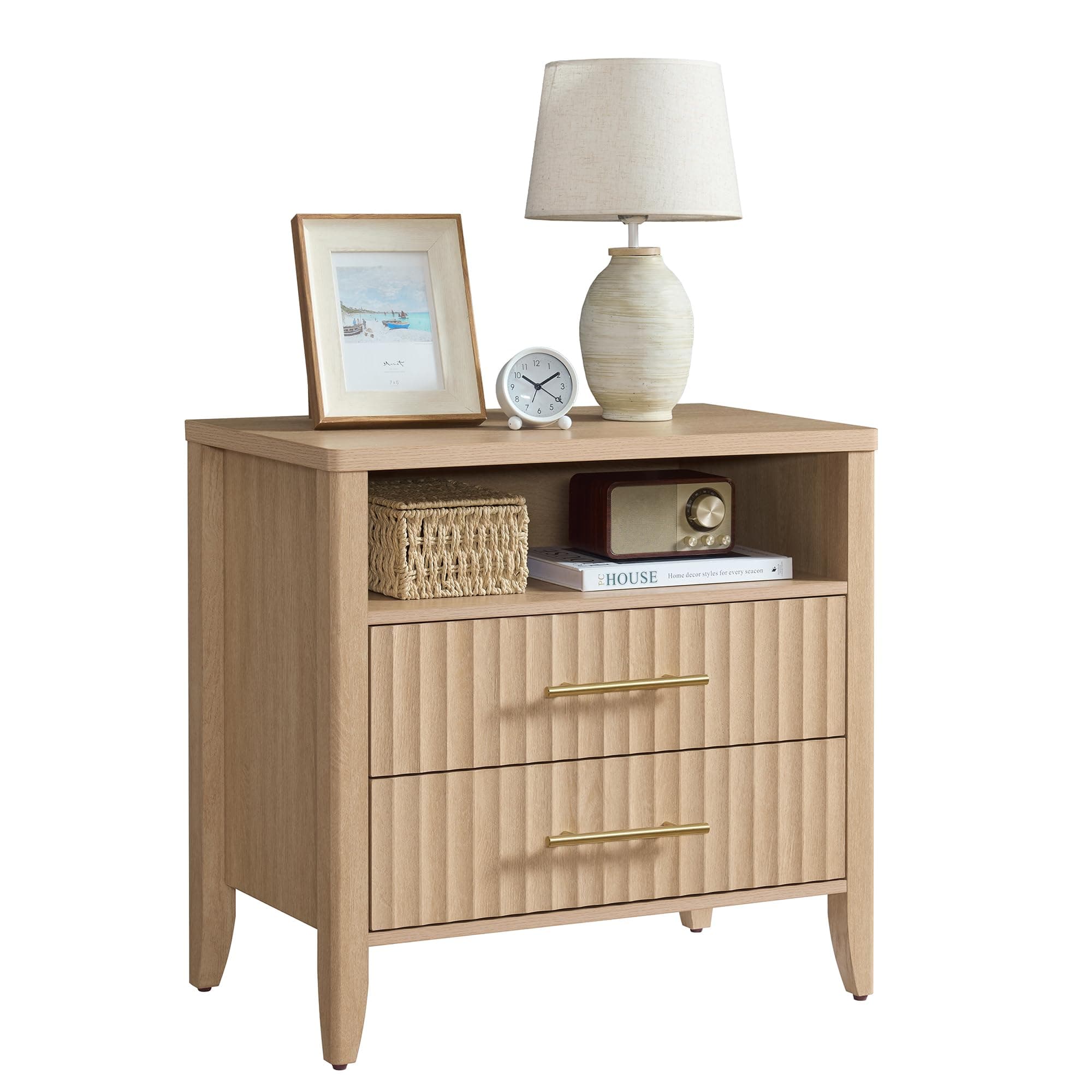 NOWABAY Fluted Nightstands with 2 Drawers, 27" Modern Nightstands Set of 2 with Storage Shelf, Large Queen Size Bedside Table and End Table for Bedroom,Hallway,Office(Natural, 1 Piece)
