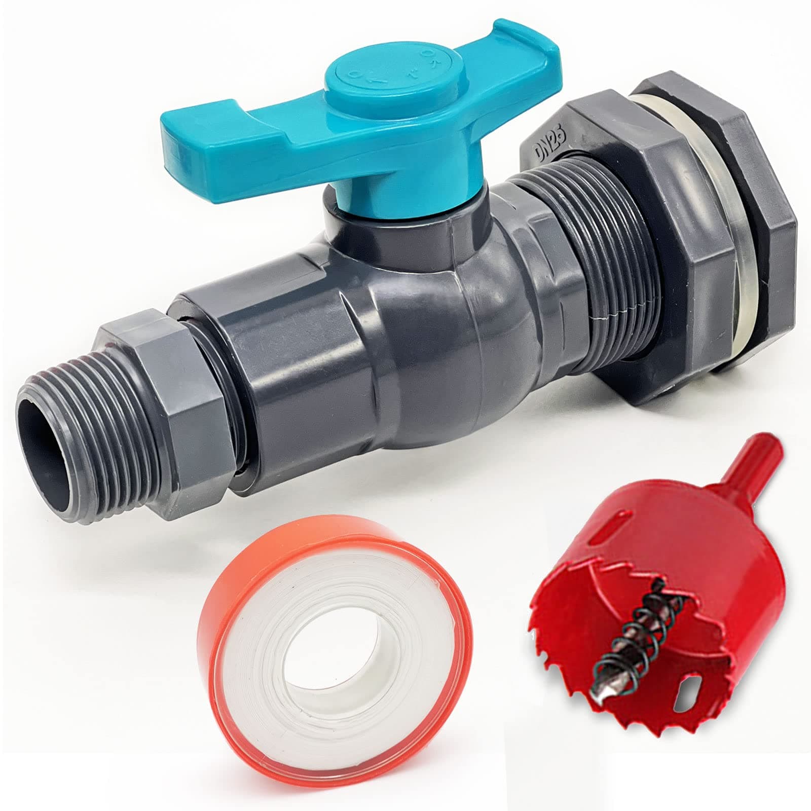 Qitdathn Rain Barrel Spigot Kit with an Hole Saw Include PVC Bulkhead Fitting Ball Valve Thread Seal Tape and Garden Hose Male Threaded Adapter(3/4" Male) for 3/4" Female Threaded Connector(3/4 inch)