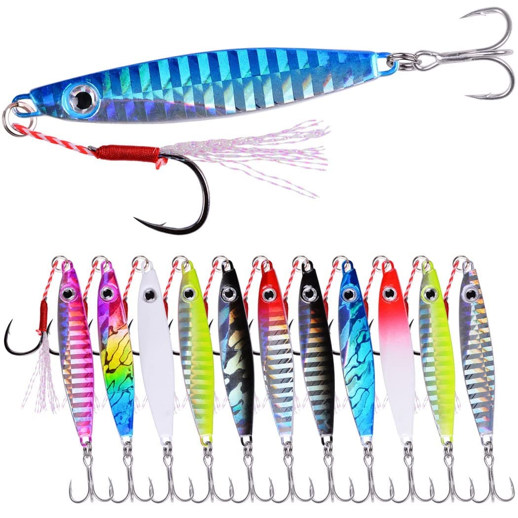 Aorace 12pcs 40g 8.5cm Metal Jigs Saltwater Fishing Lures Jigging Spoon Lures Kit for Long Casting Surf Fishing Slow Vertical Casting Artificial Lead Jigs Assortment for Bass Sea Trout