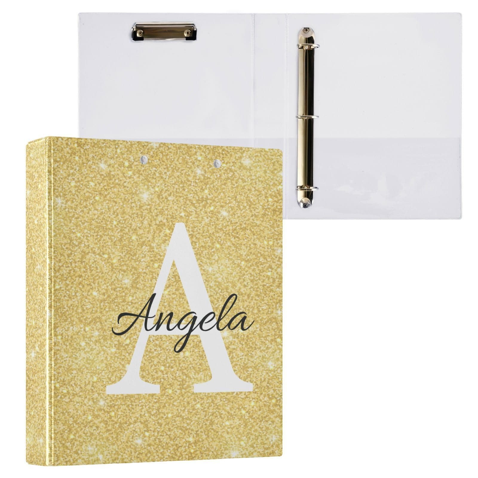 IHCVHQX Custom 3 Ring Binder 1.5 Inch Ring Gold Glitter Texture Personalized Name Binder Organizer for Letter Size Paper Decorative Round Ring Binders for Office Home, 1 Pack
