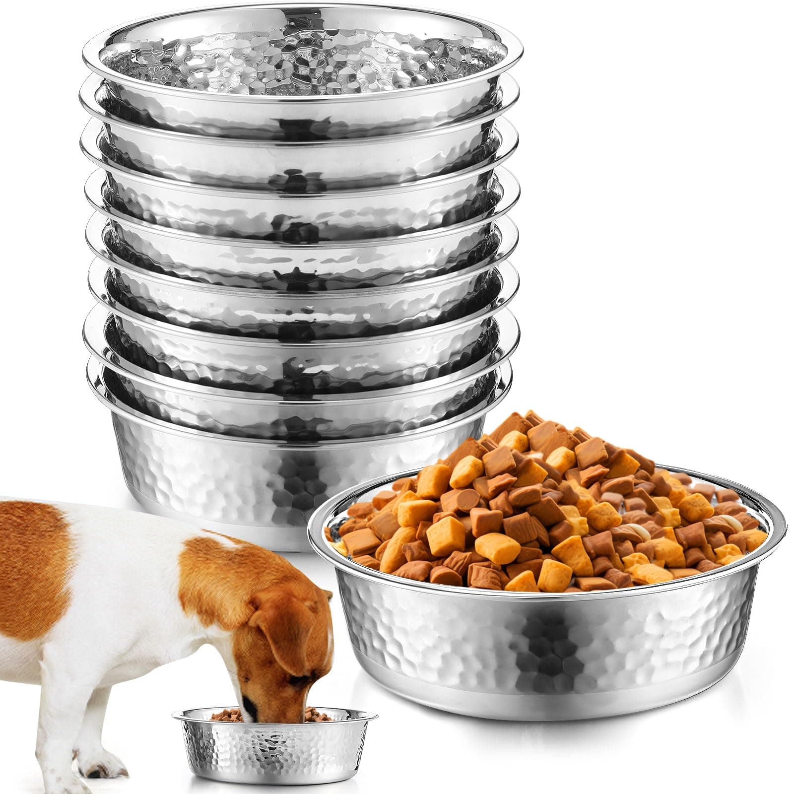 Teenyyou 8 Pcs Hammered Stainless Steel Dog Bowls 4 Cup/32 oz, 6.9 Dia Metal Pet Food and Water Bowls Bulk Thickened Durable Replacement Dish for Small Medium Large Dog (Silver)
