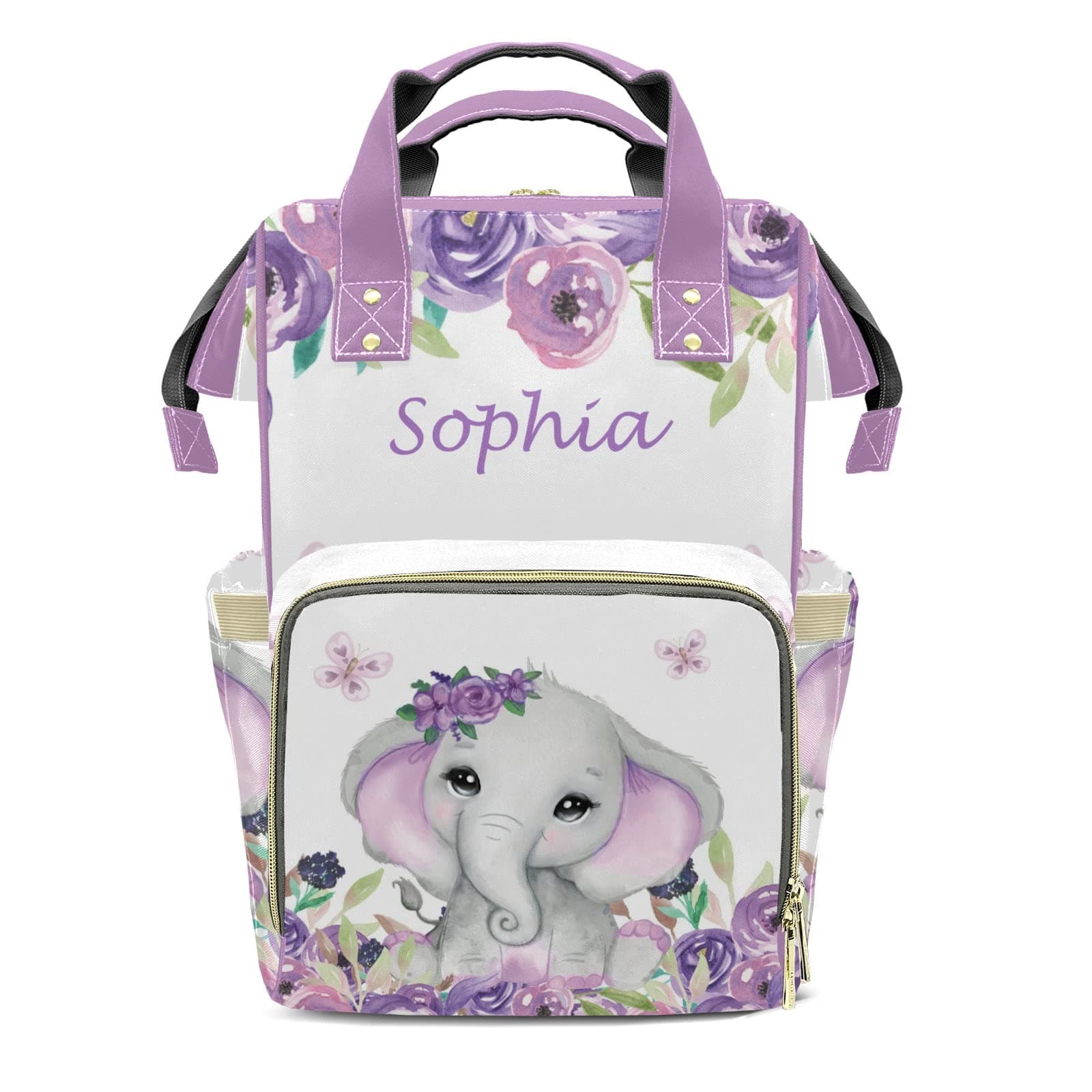 Cute Floral Watercolor Elephant Diaper Bag Backpack Multifunction Bags with Changing Pad Unisex Stylish Travel Back Pack Nappy Custom Bag for Moms Dads