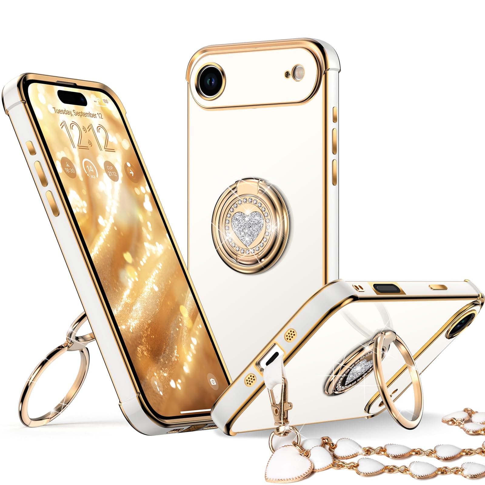 XYZ for iPhone 17 Air Case with Stand, Phone Case with Double Ring Kickstand, Women Girls Bling Luxury Protective Case Heart for iPhone 17 Air, White