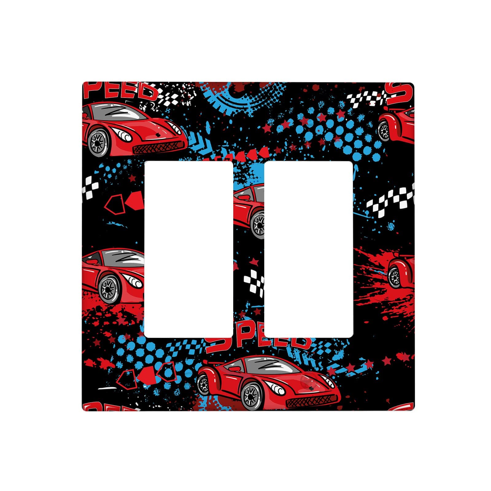 Red Speed Racer 2 Gang Light Switch Cover Decorative, Motorsport Gamer Race Car Double Rocker Wall Plate Decora Switchplate Electrical GFCI Faceplate for Kitchen Bathroom Living Room Wall Panel Decor