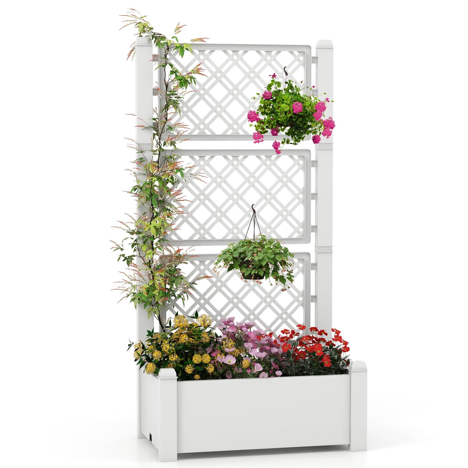 Byroce Self Watering Raised Garden Bed, Garden Planter Box with 59" Lattice Trellis, Drainage Hole & Water Level Indicator, Outdoor Standing Tomato Planter for Climbing Plants & Hanging Flower (1)